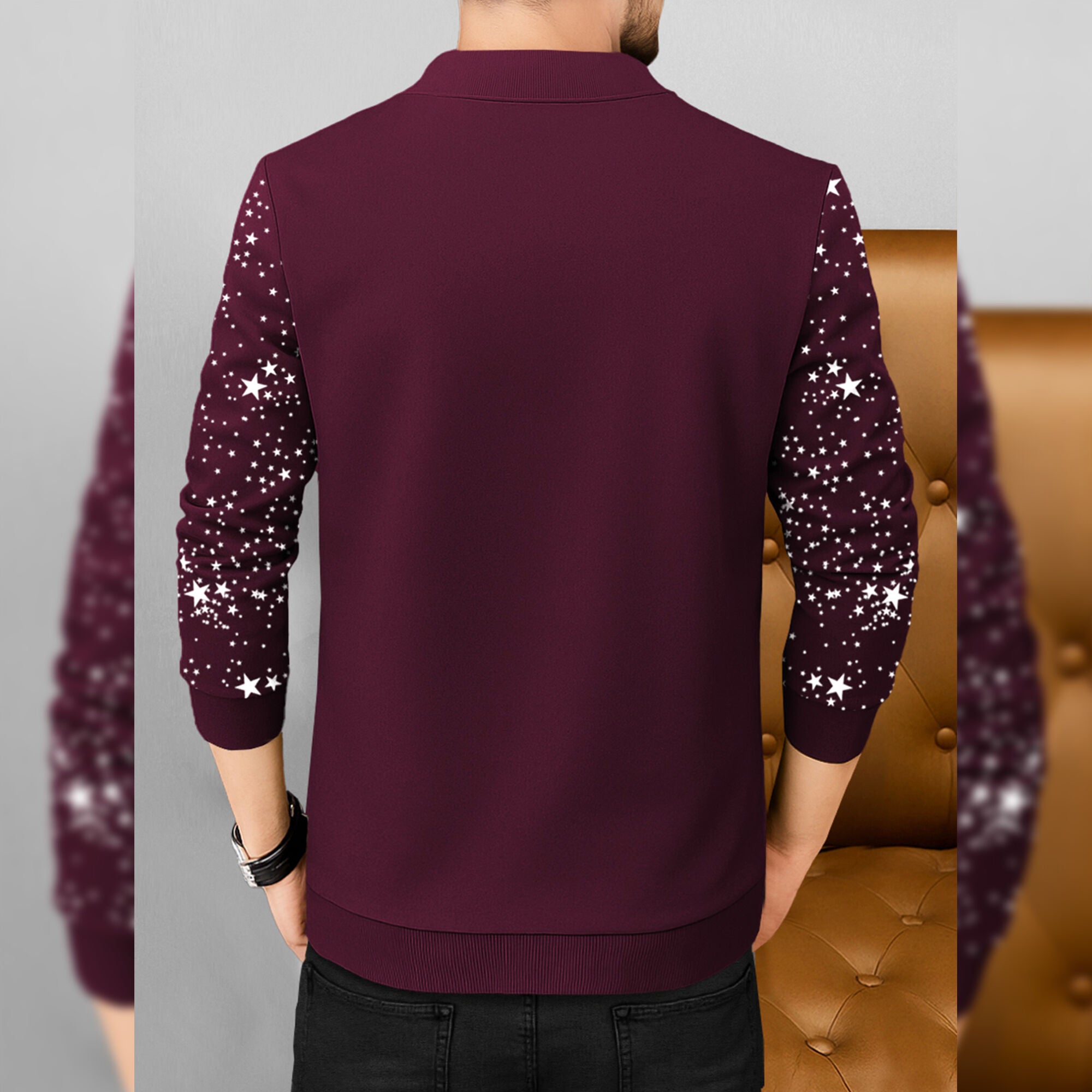 Men Full Sleeve Star Printed Round Neck Jacket Maroon