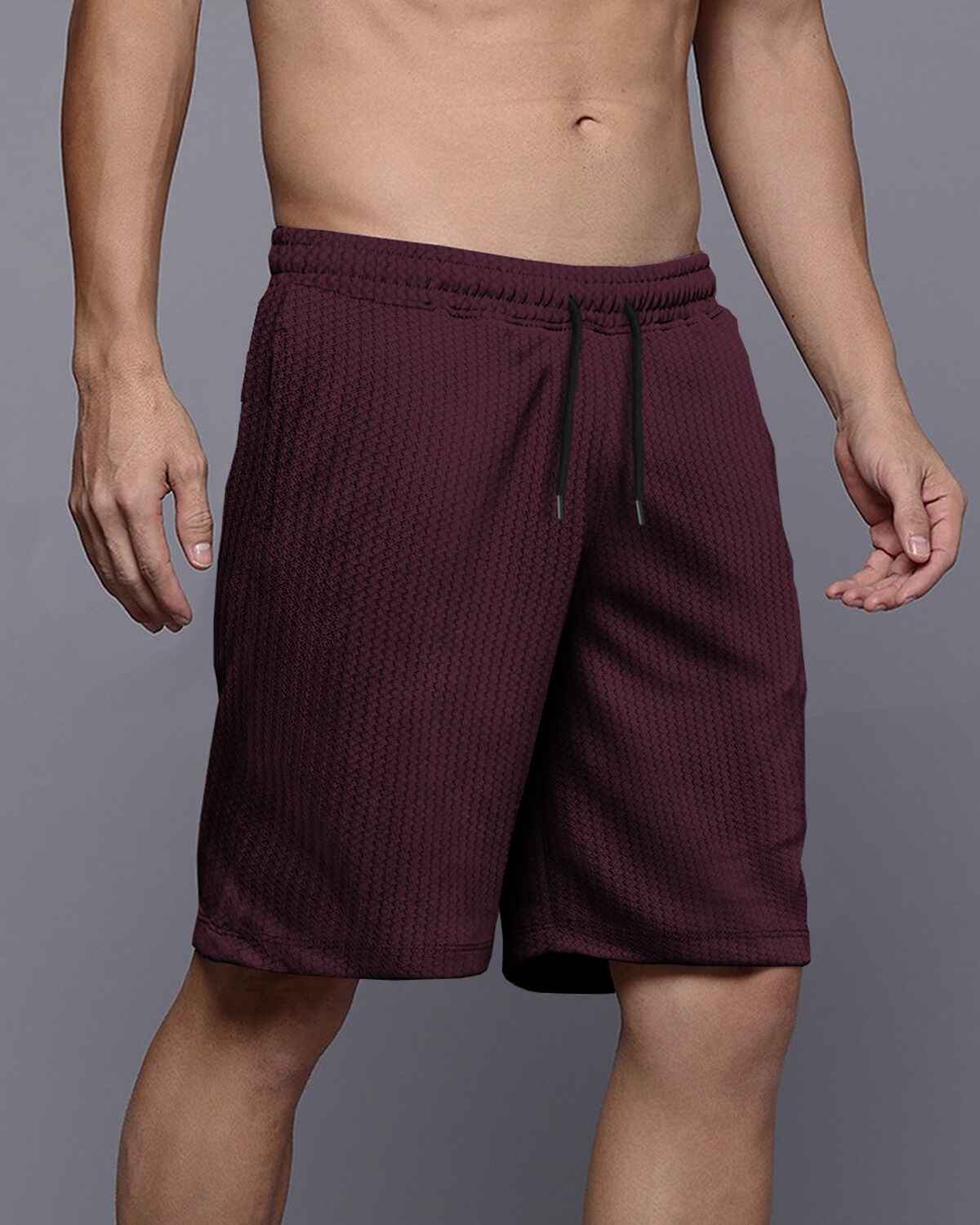 Men Plain Maroon Waffle Short