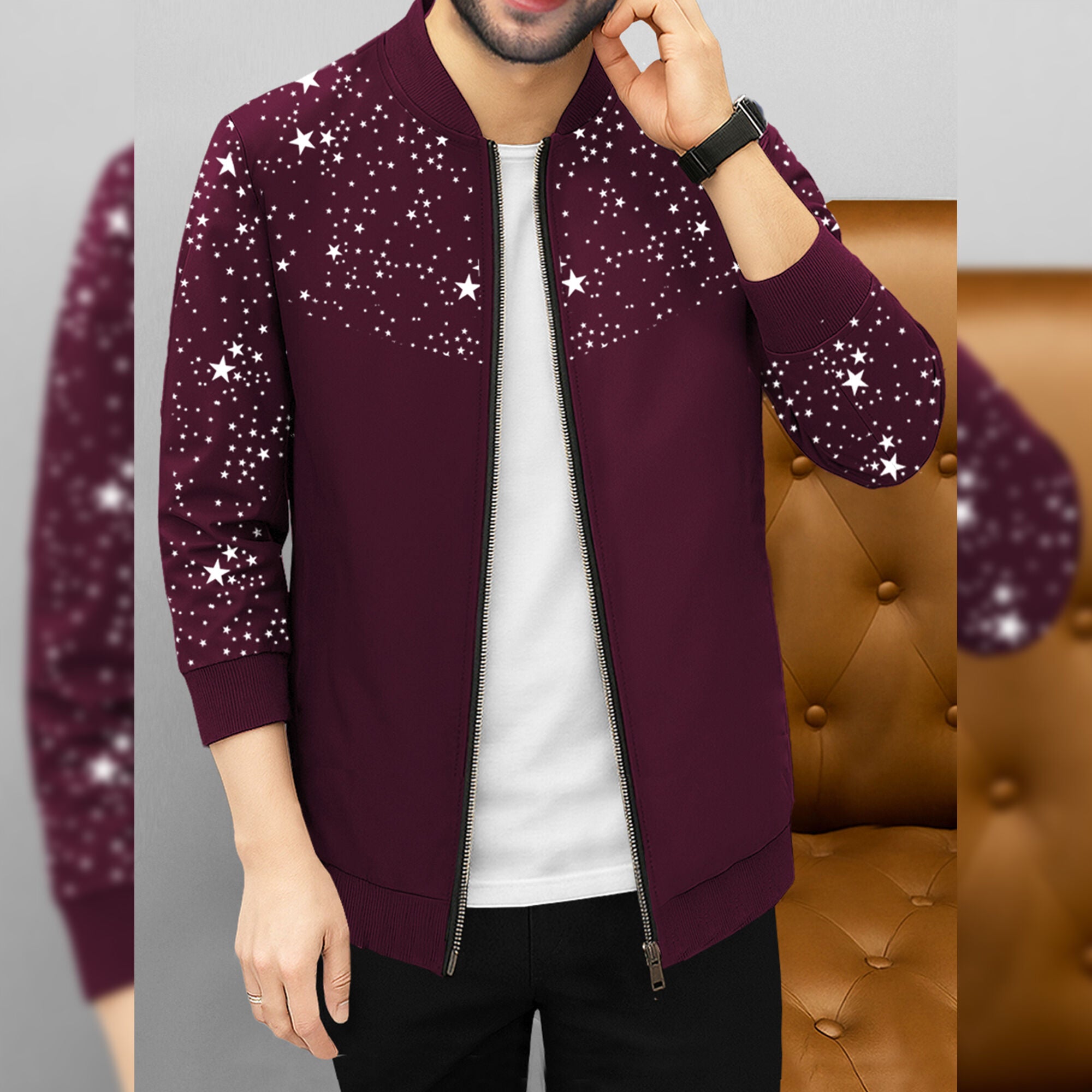 Men Full Sleeve Star Printed Round Neck Jacket Maroon