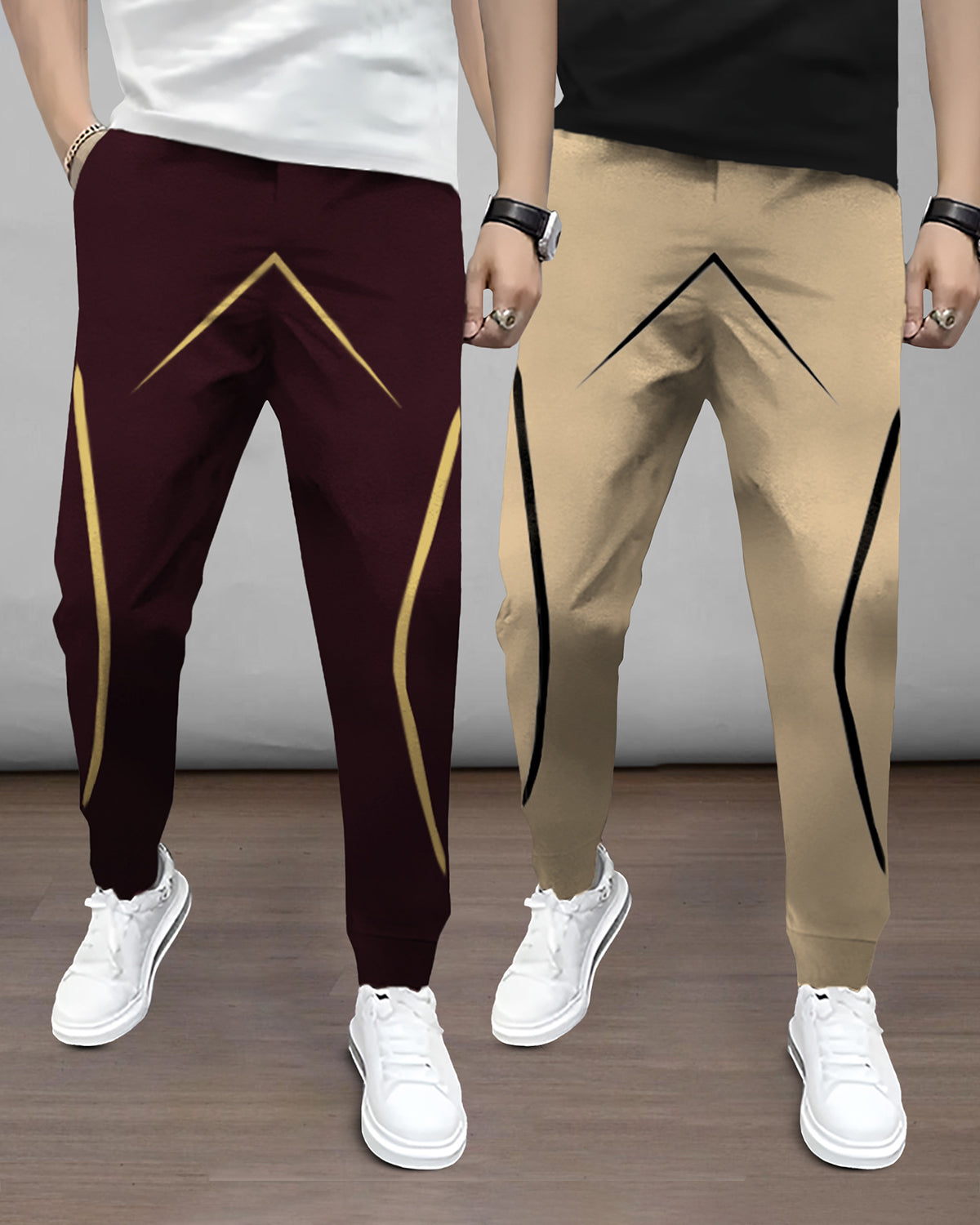 (Pack Of 2) Mens Printed Maroon & Beige Trackpants