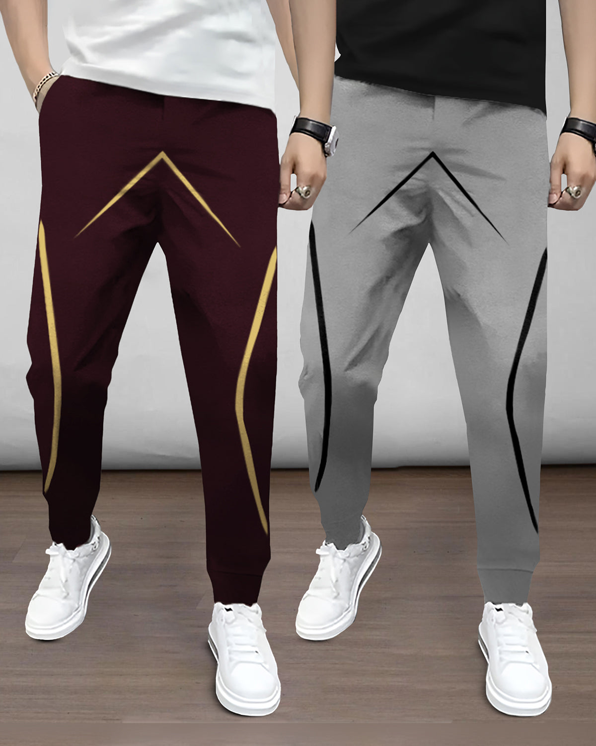 (Pack Of 2) Mens Printed Maroon & Grey Trackpants