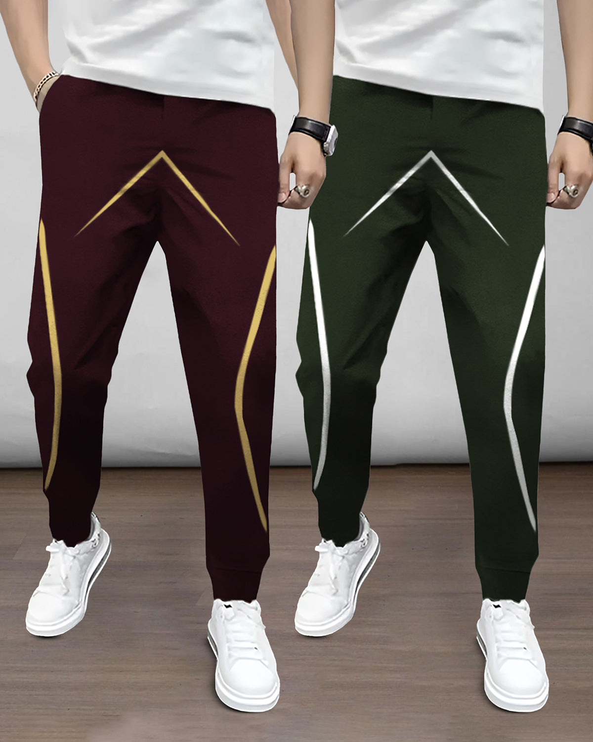 (Pack Of 2) Mens Printed Maroon & Olive Trackpants