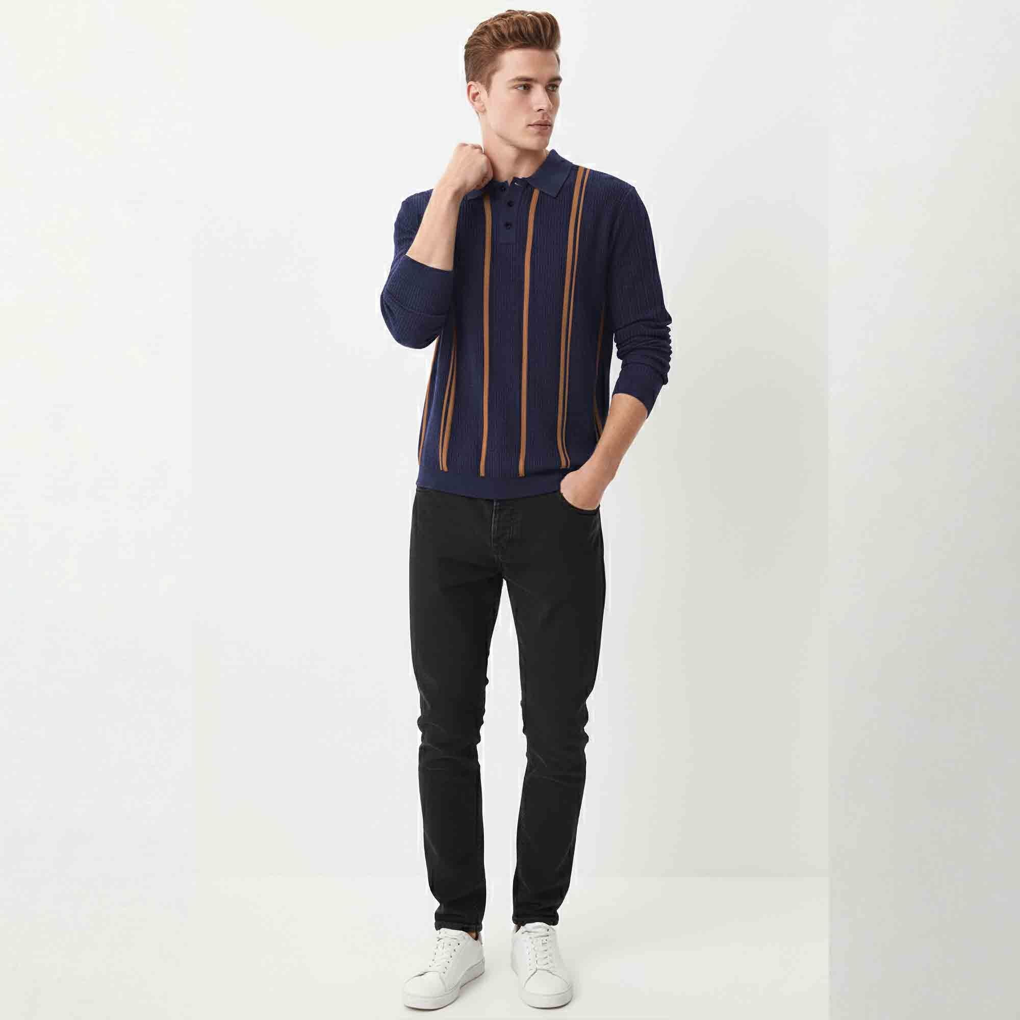 Men Polo Neck Striped Printed Full Sleeve T-shirt Navyblue