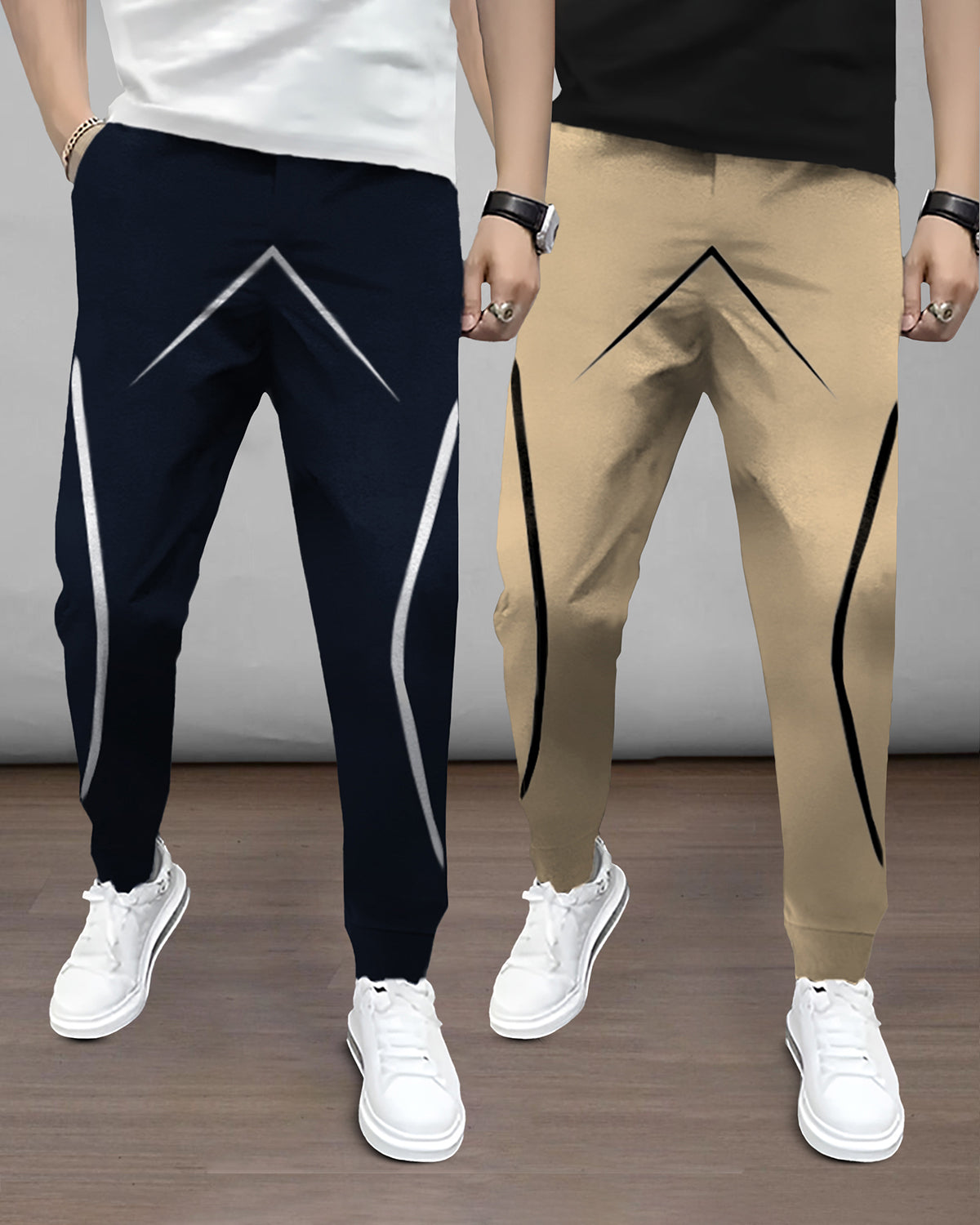 (Pack Of 2) Mens Printed Navy & Beige Trackpants