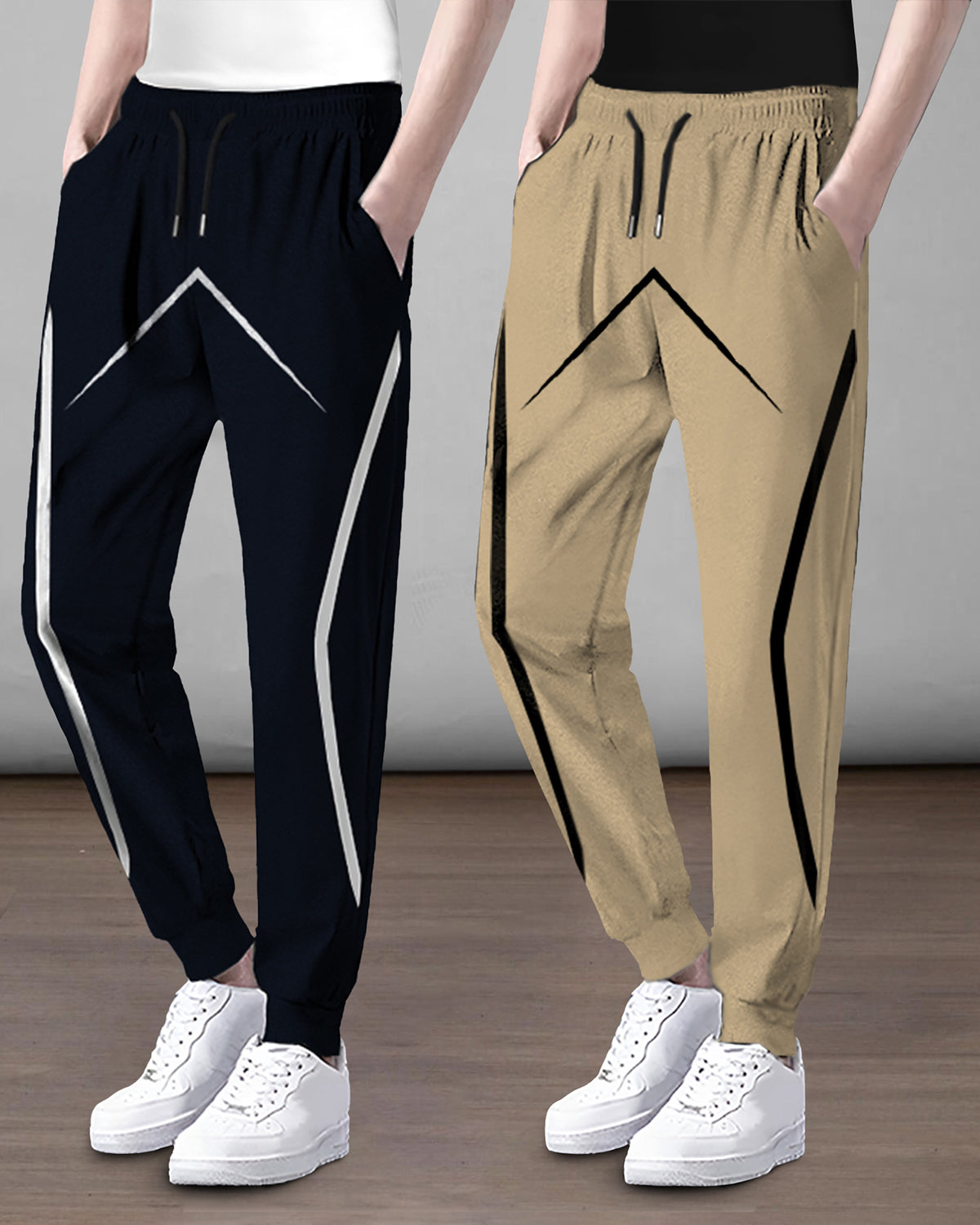 (Pack Of 2) Mens Printed Navy & Beige Trackpants