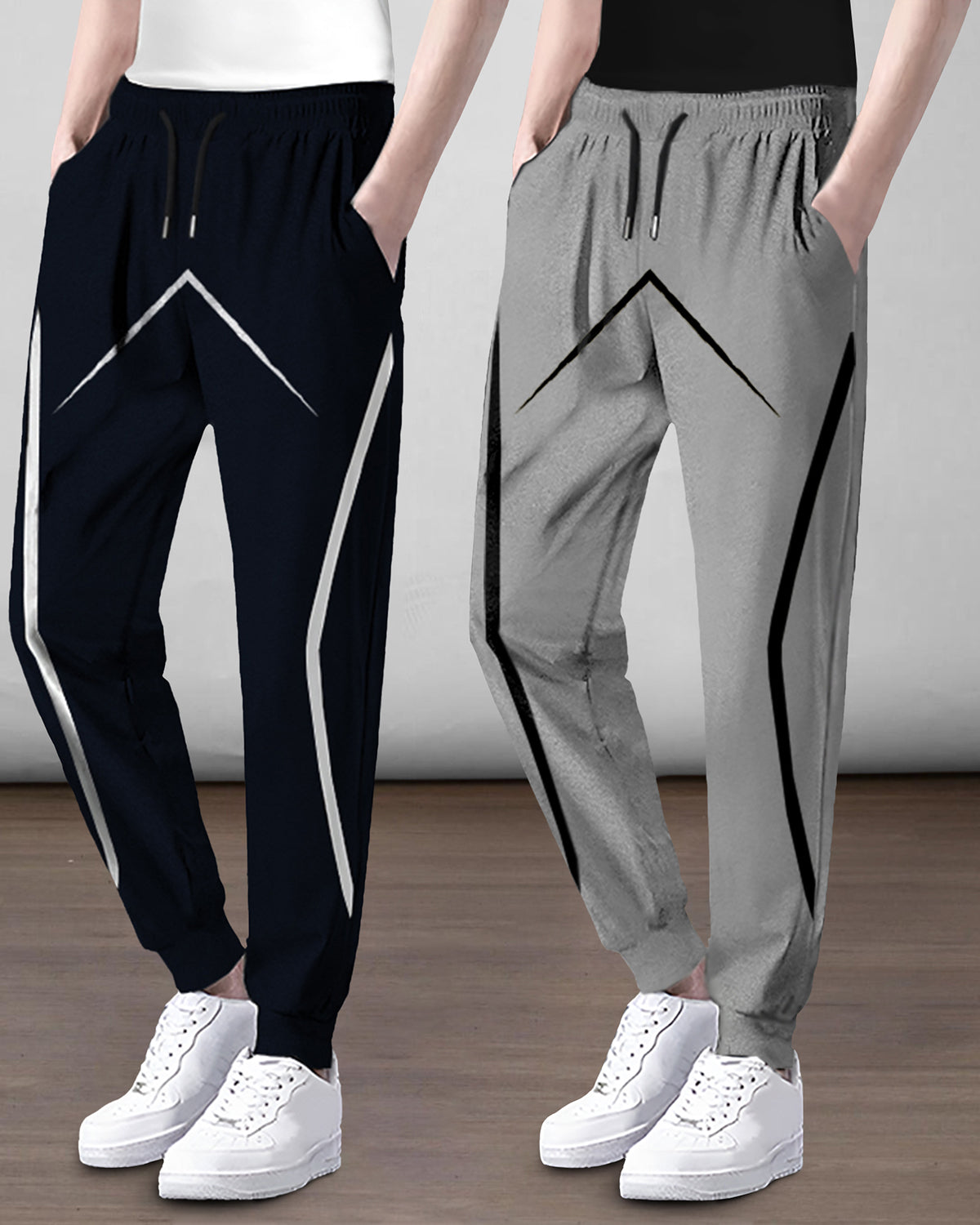 (Pack Of 2) Mens Printed Navy Blue & Grey Trackpants