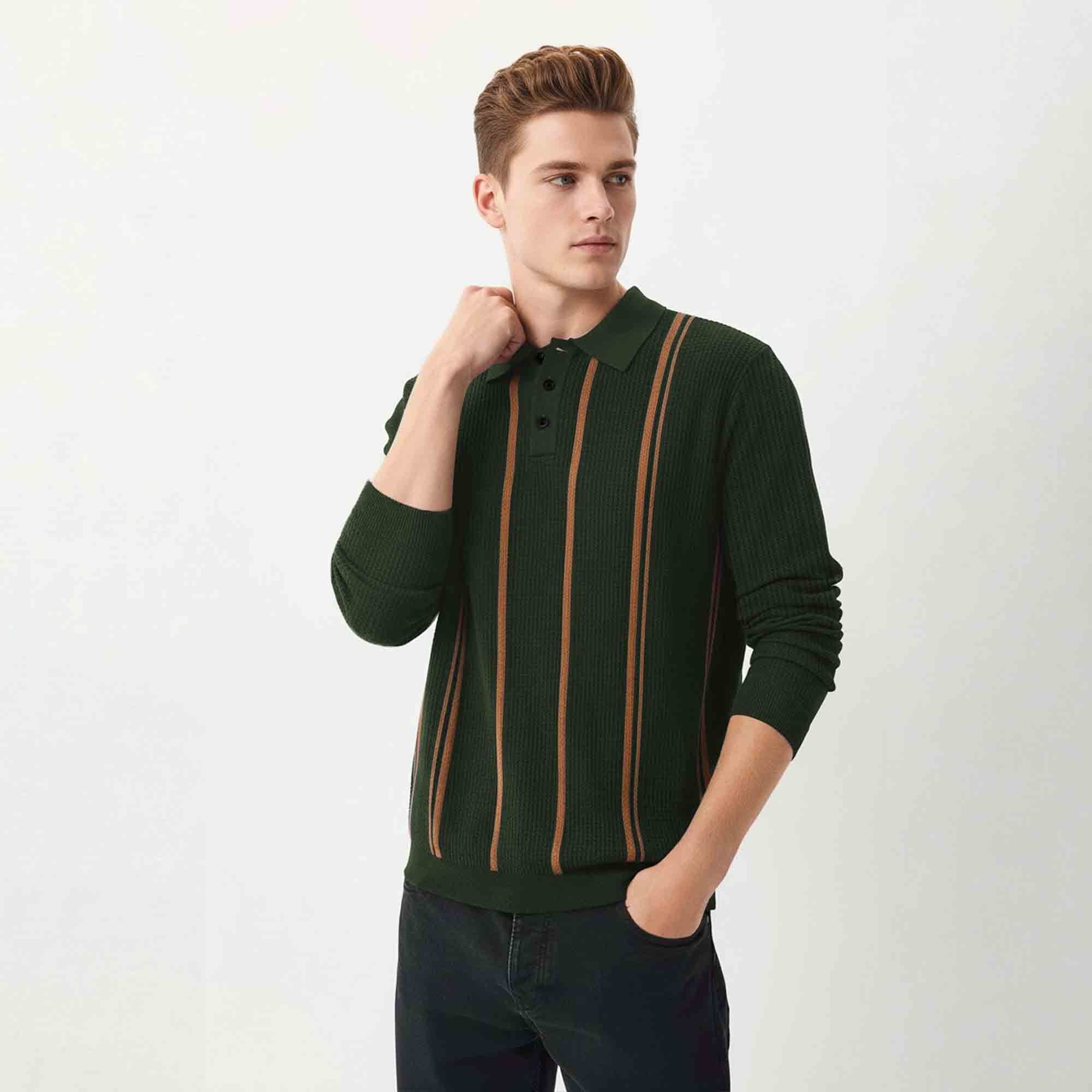Men Polo Neck Striped Printed Full Sleeve T-shirt Olivegreen