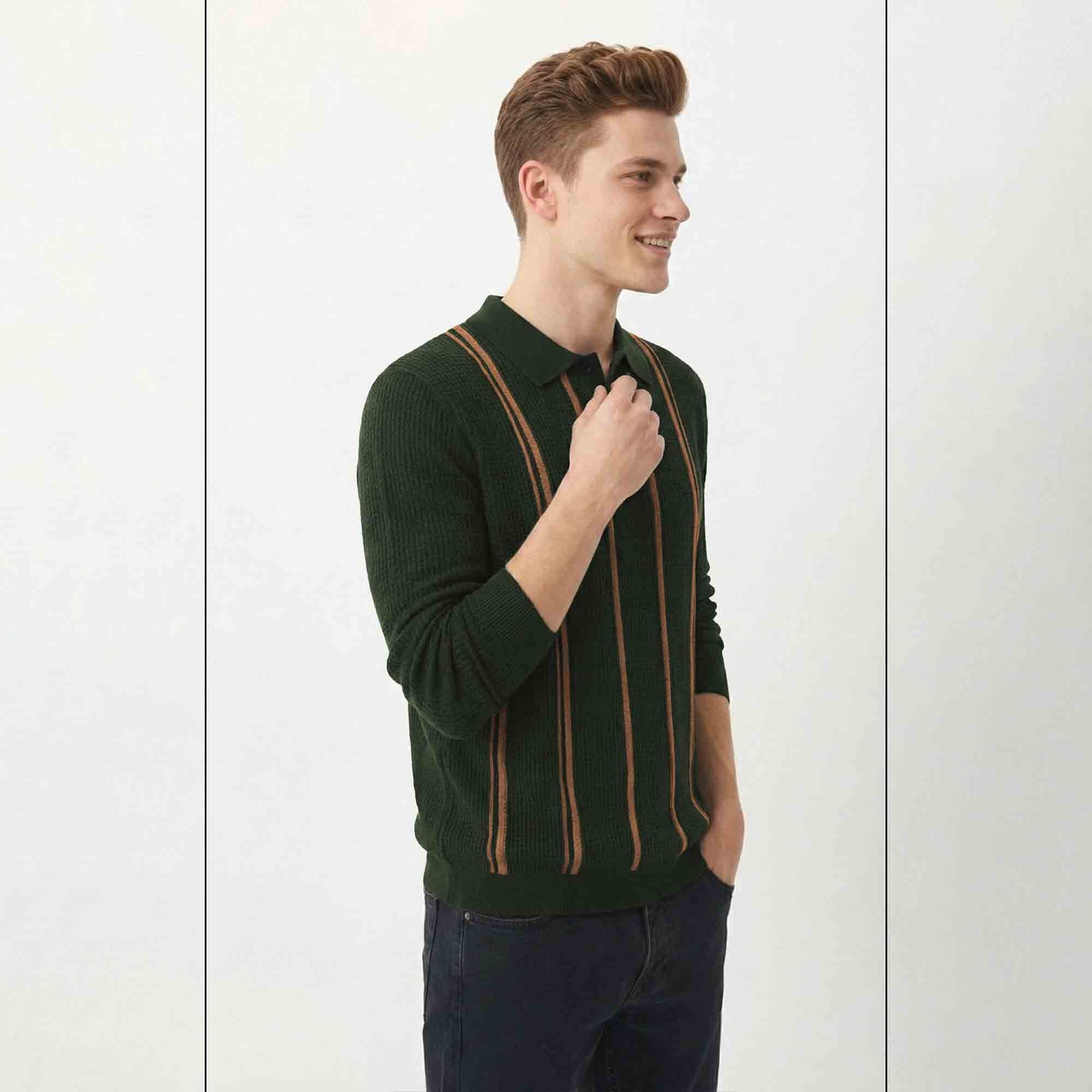 Men Polo Neck Striped Printed Full Sleeve T-shirt Olivegreen