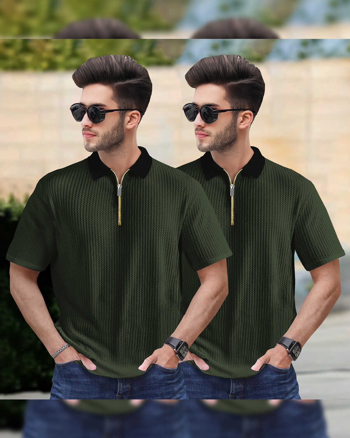 (Pack Of 2) Polo Collar Contrast Waffle Olive Green Textured T-shirts