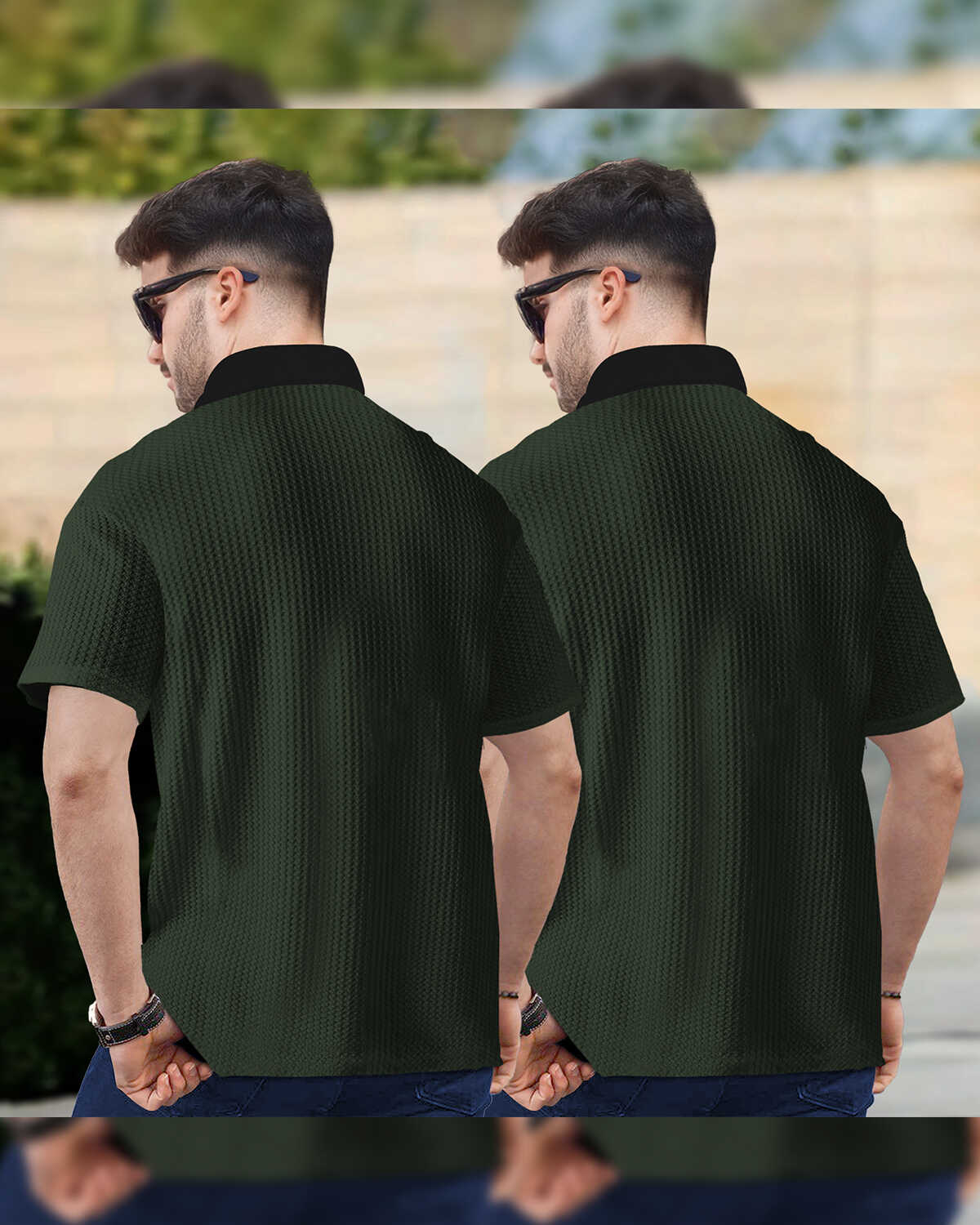 (Pack Of 2) Polo Collar Contrast Waffle Olive Green Textured T-shirts