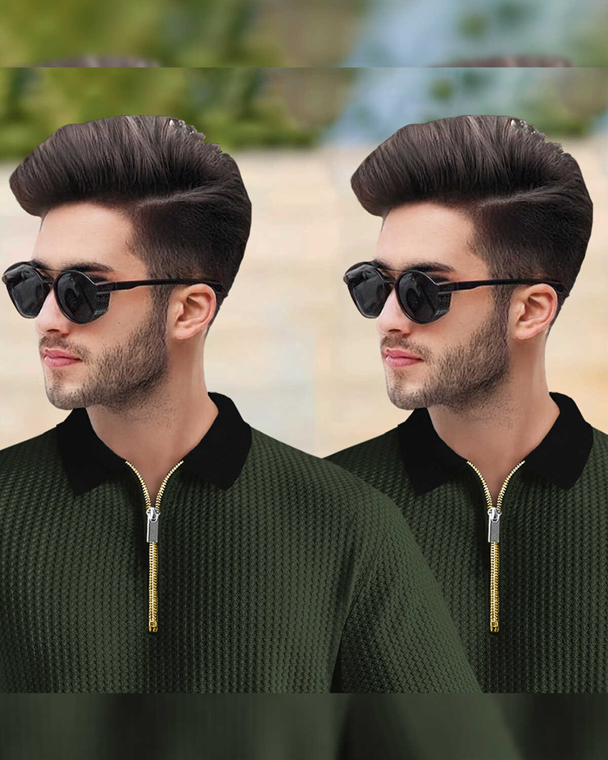 (Pack Of 2) Polo Collar Contrast Waffle Olive Green Textured T-shirts