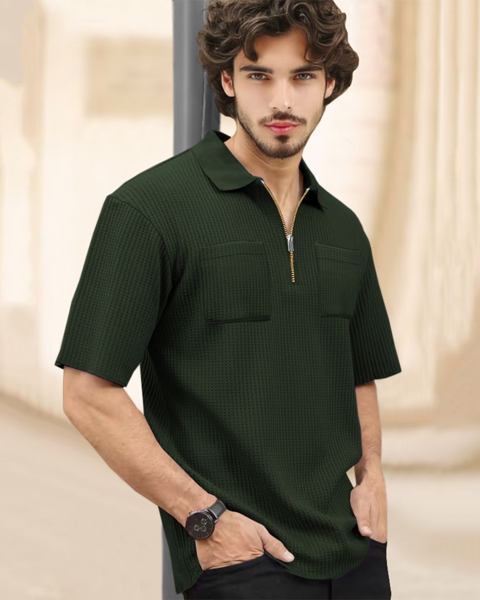 Half Sleeve Double Poacket Polo Waffle Olivegreen T-shirt