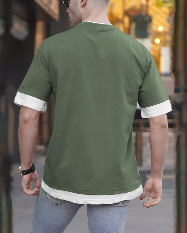Men Drop Shoulder Olivegreen-White T-shirt