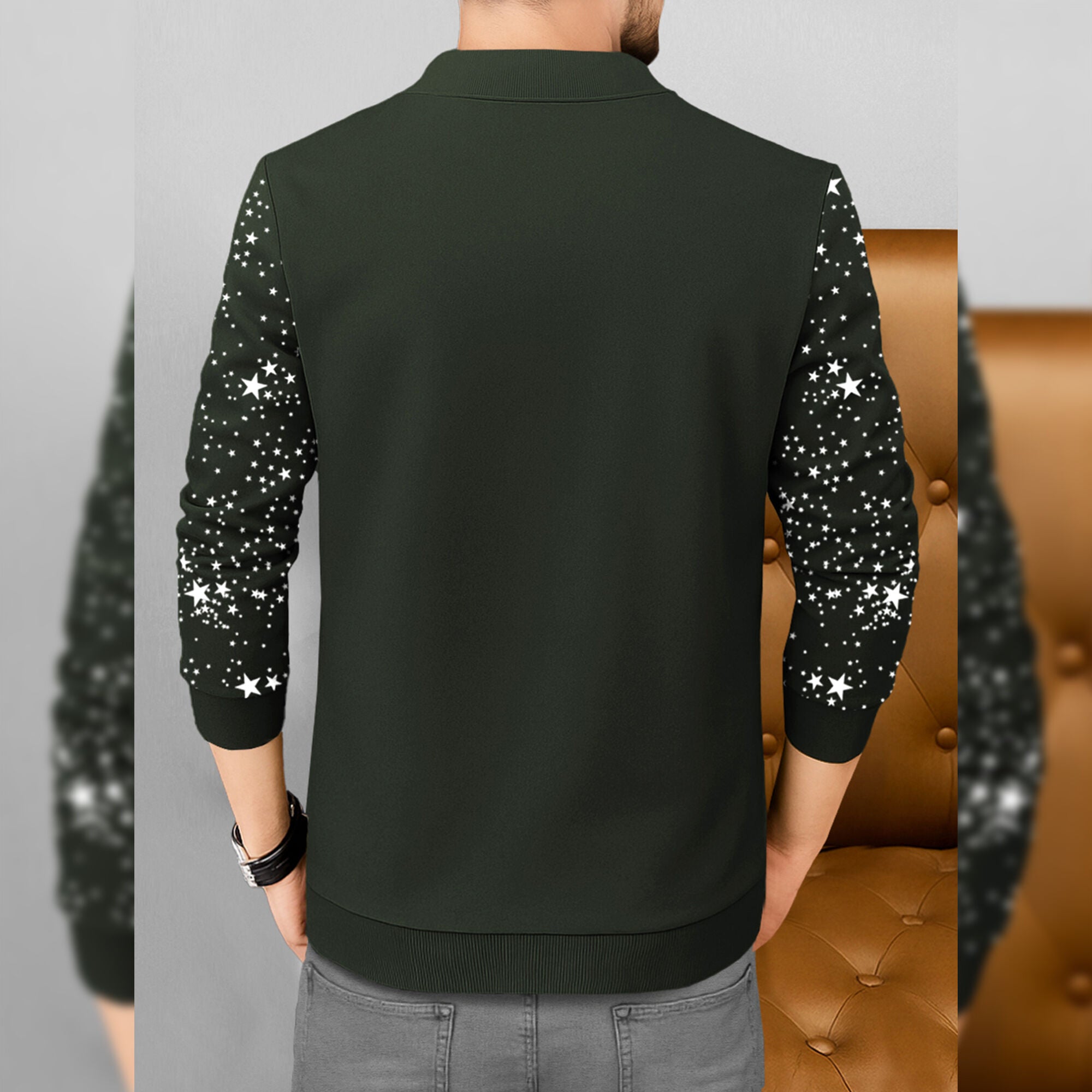 Men Full Sleeve Star Printed Round Neck Jacket Olivegreen