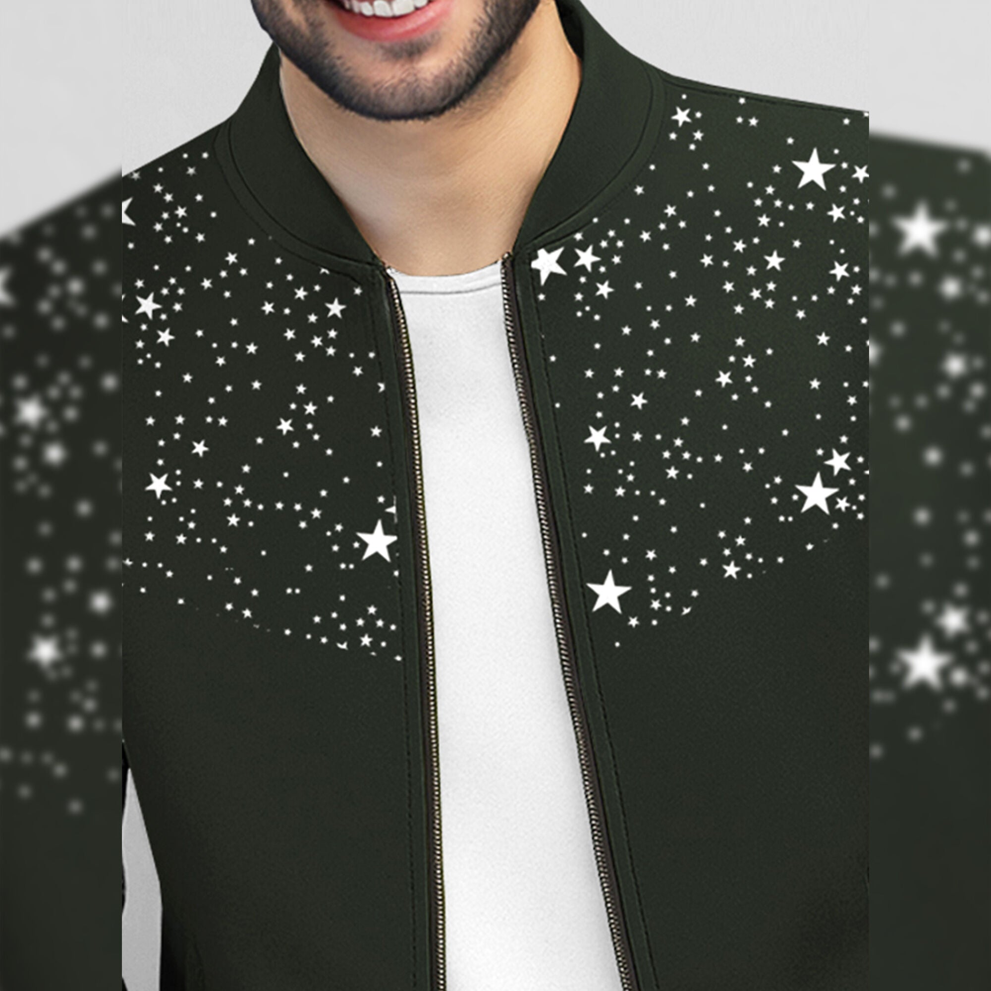 Men Full Sleeve Star Printed Round Neck Jacket Olivegreen