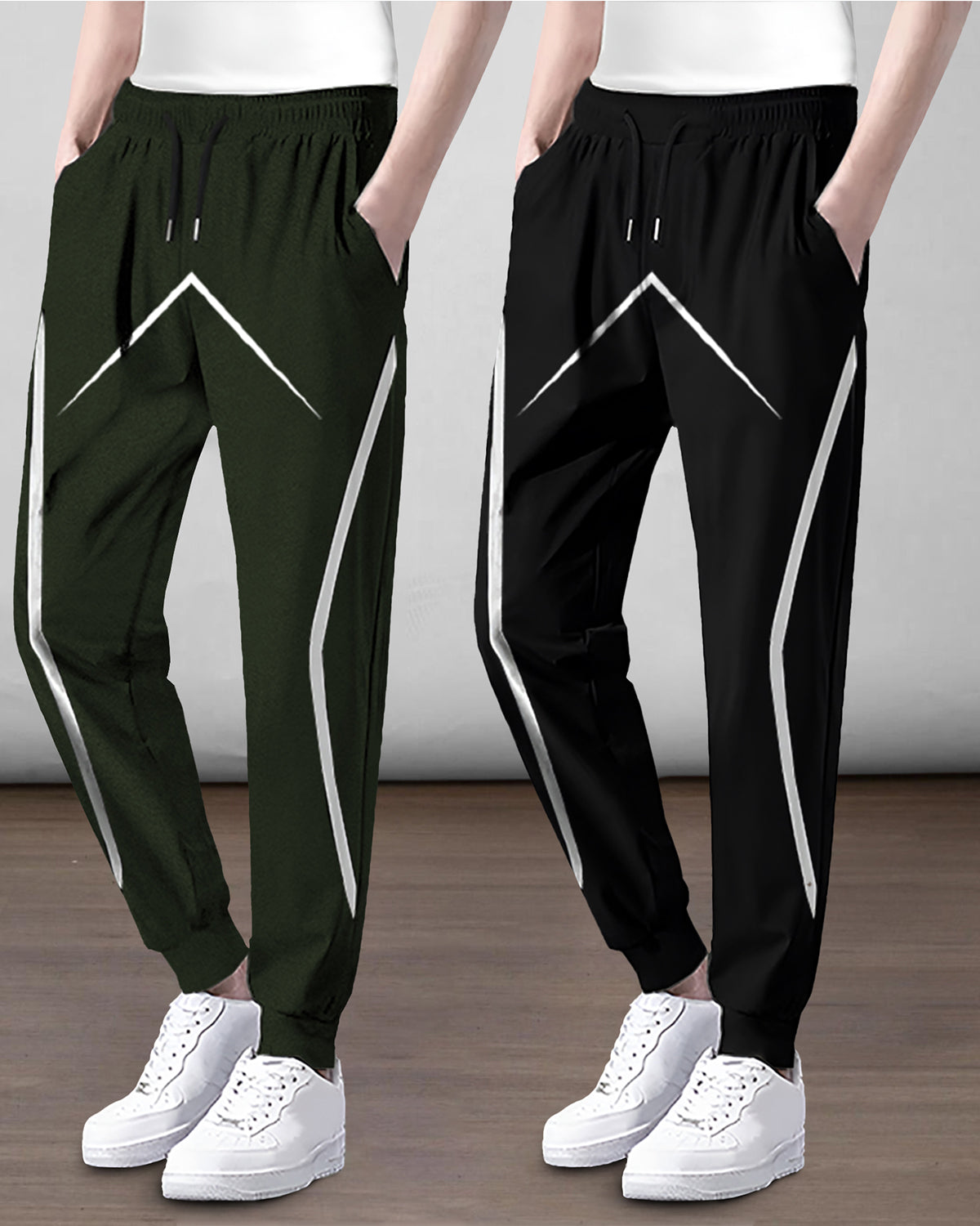 (Pack Of 2) Mens Printed Olive & Black Trackpants