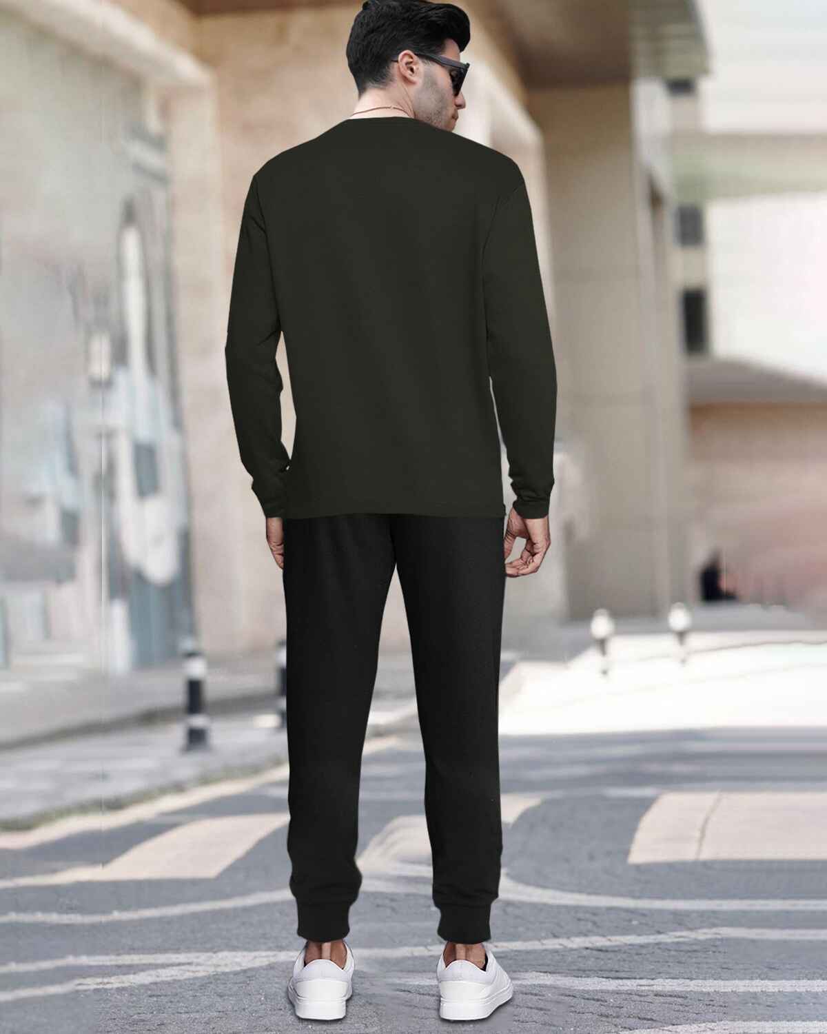 Mens Tracksuit - Full Sleeve Olive t-shirt / Black Trackpant
