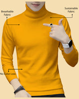 Men High Neck Solid Yellow Full Sleeve T-shirt