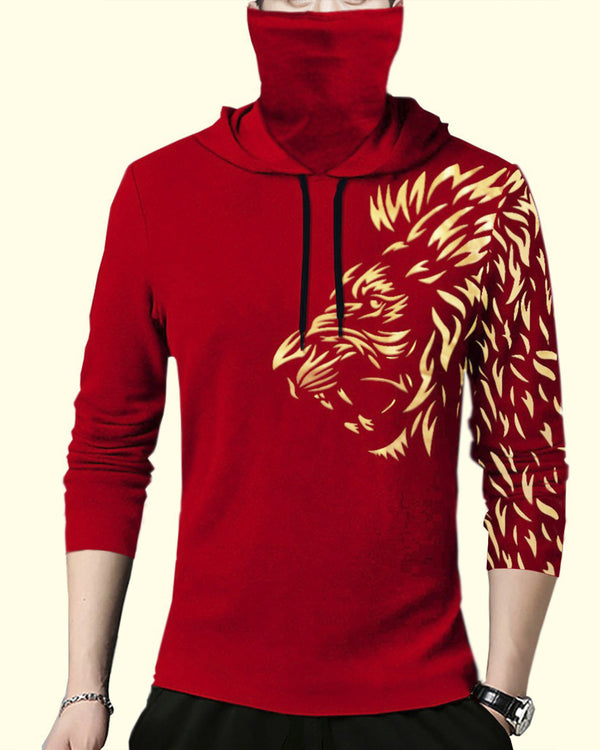 Men Red Lion Printed Hooded Mask T-shirt