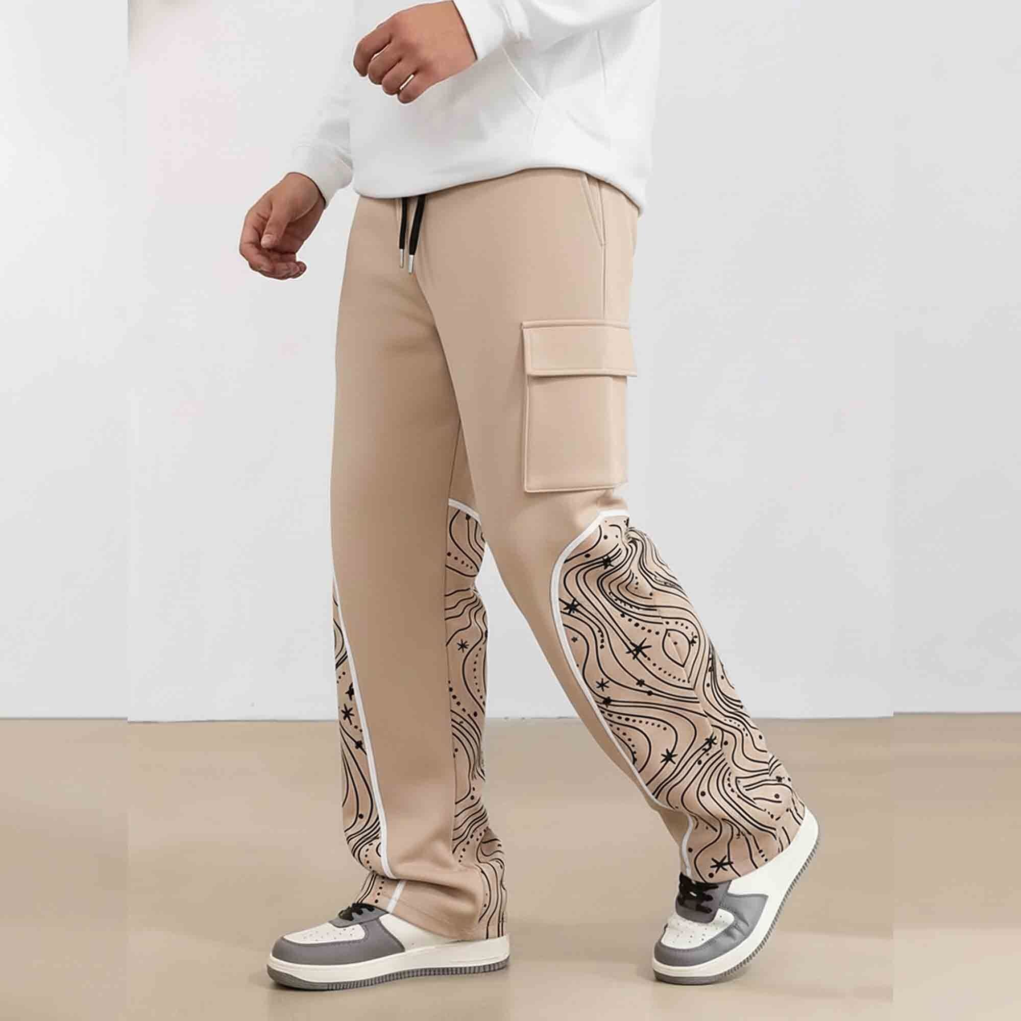 Men Multi Pockets Designing Printed Baggy Cargo Beige