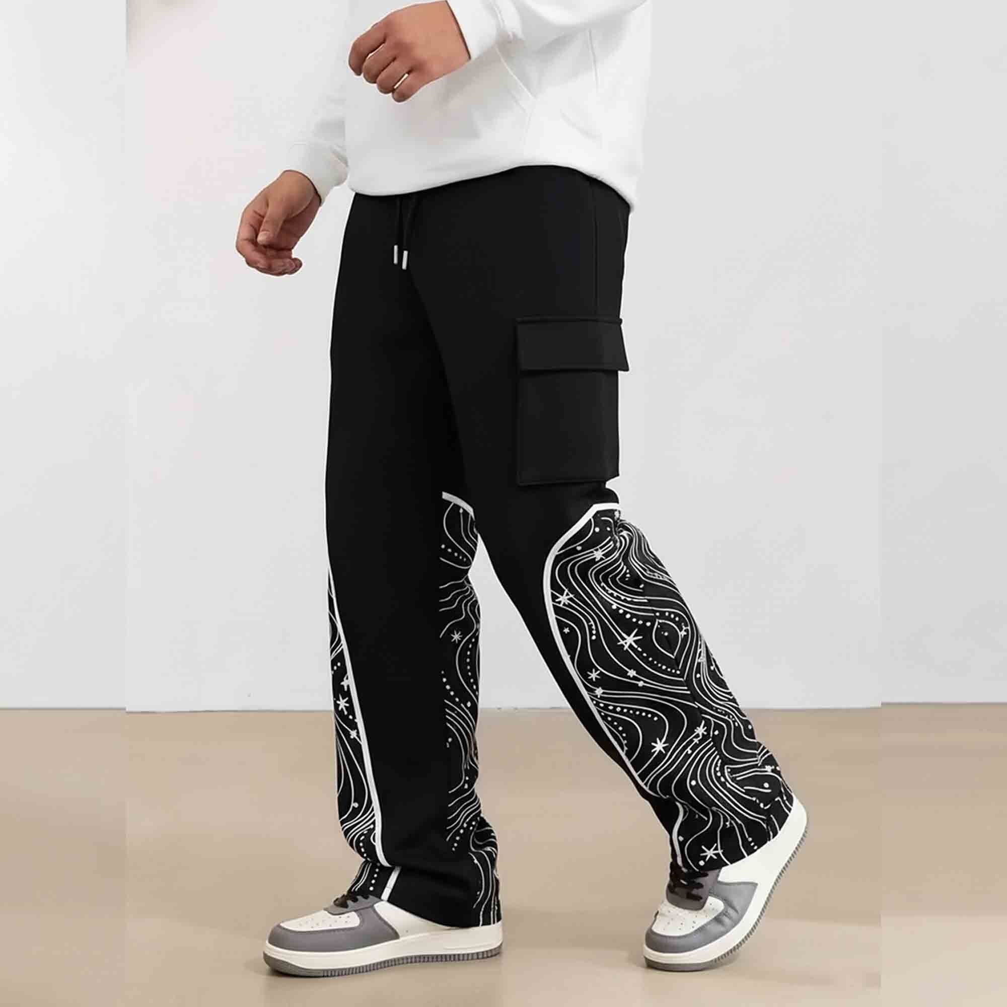 Men Multi Pockets Designing Printed Baggy Cargo Black