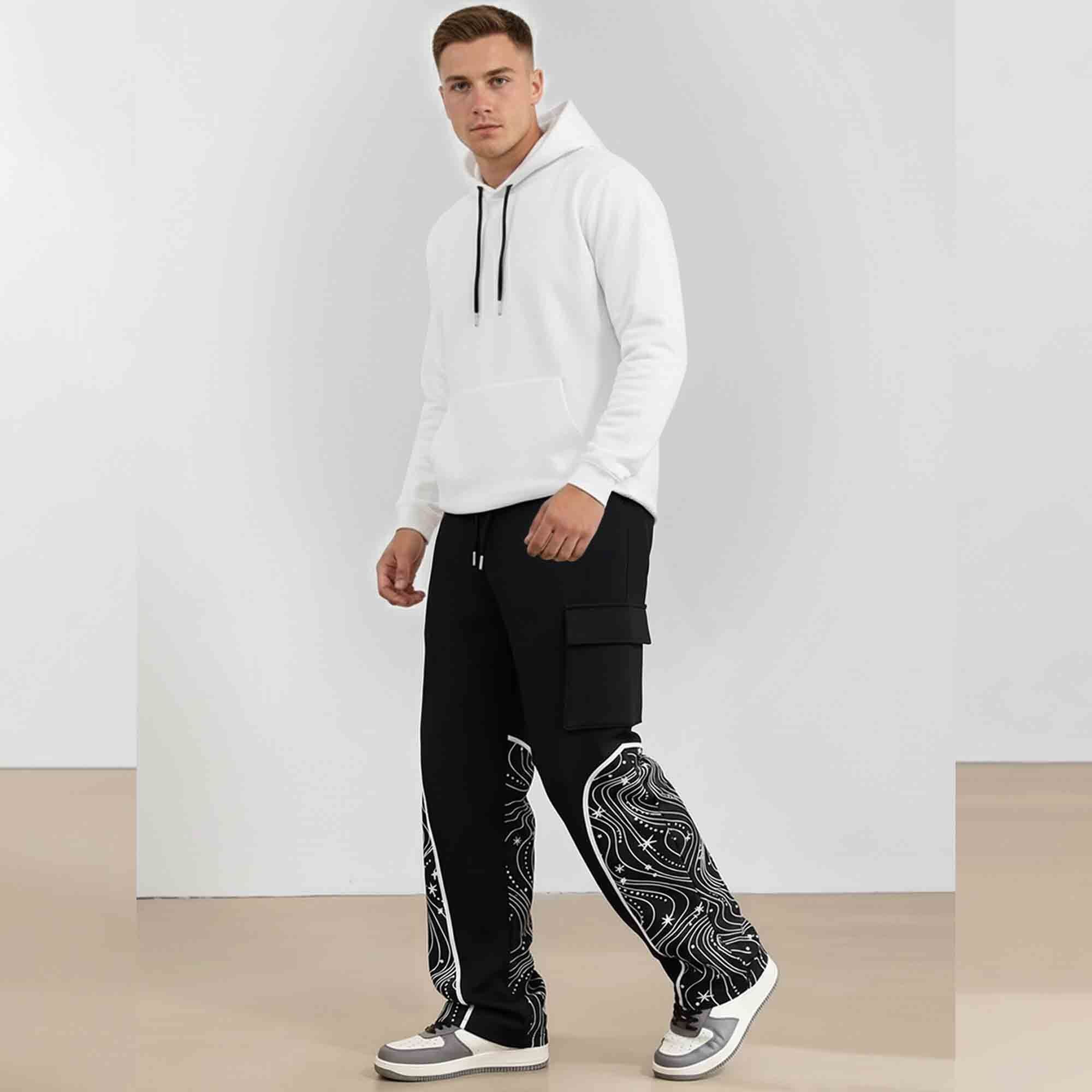 Men Multi Pockets Designing Printed Baggy Cargo Black