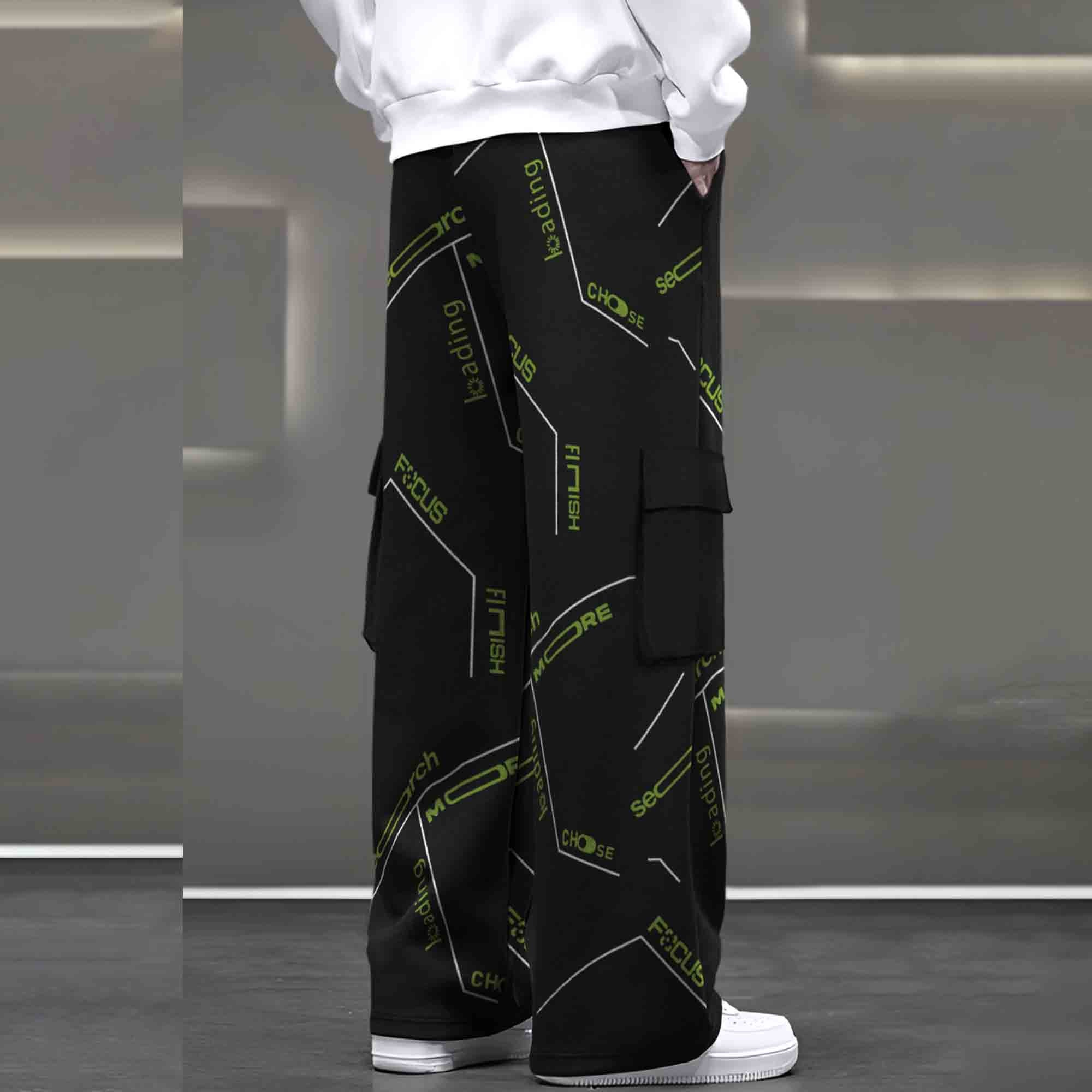 Mens Multi Pockets All Over Printed Baggy fit oversized Black Cargo Jogger