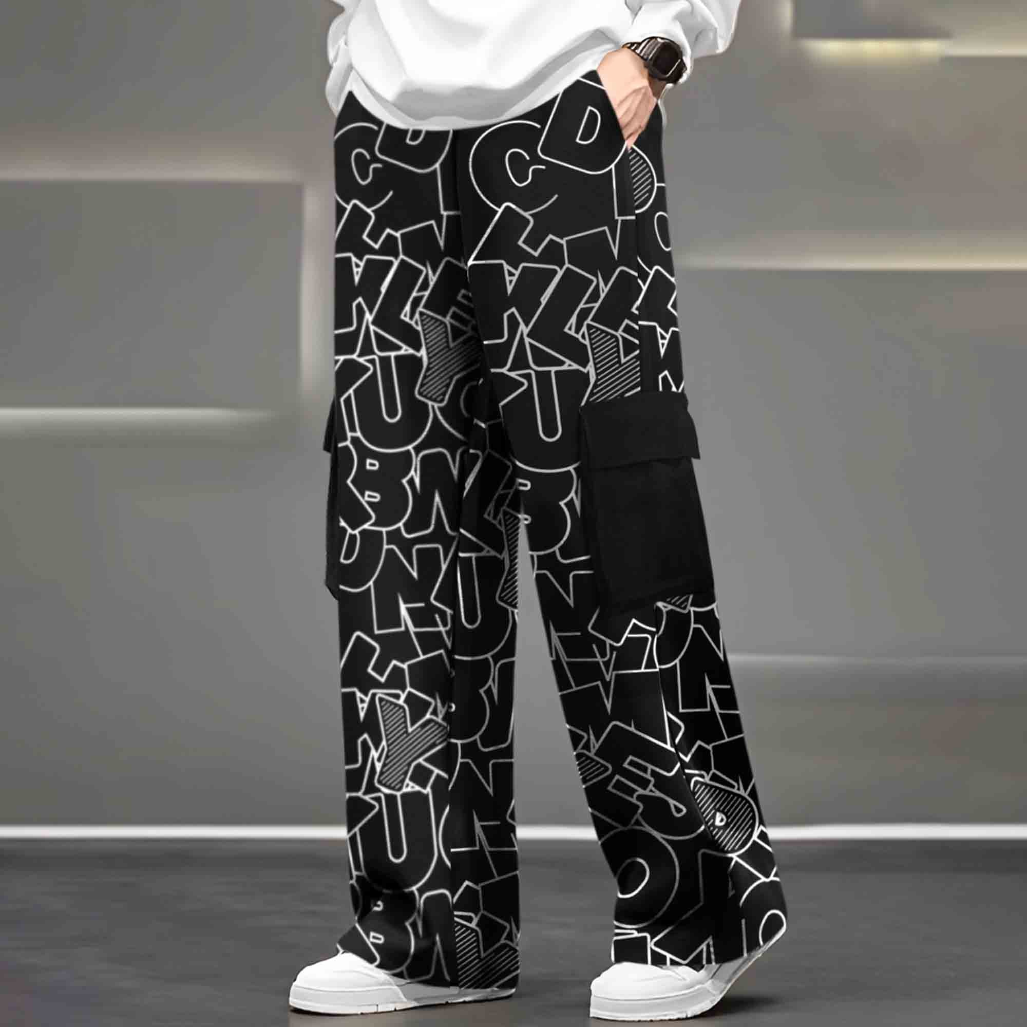 Mens Multi Pockets All Over Printed Baggy fit oversized Black Cargo Jogger
