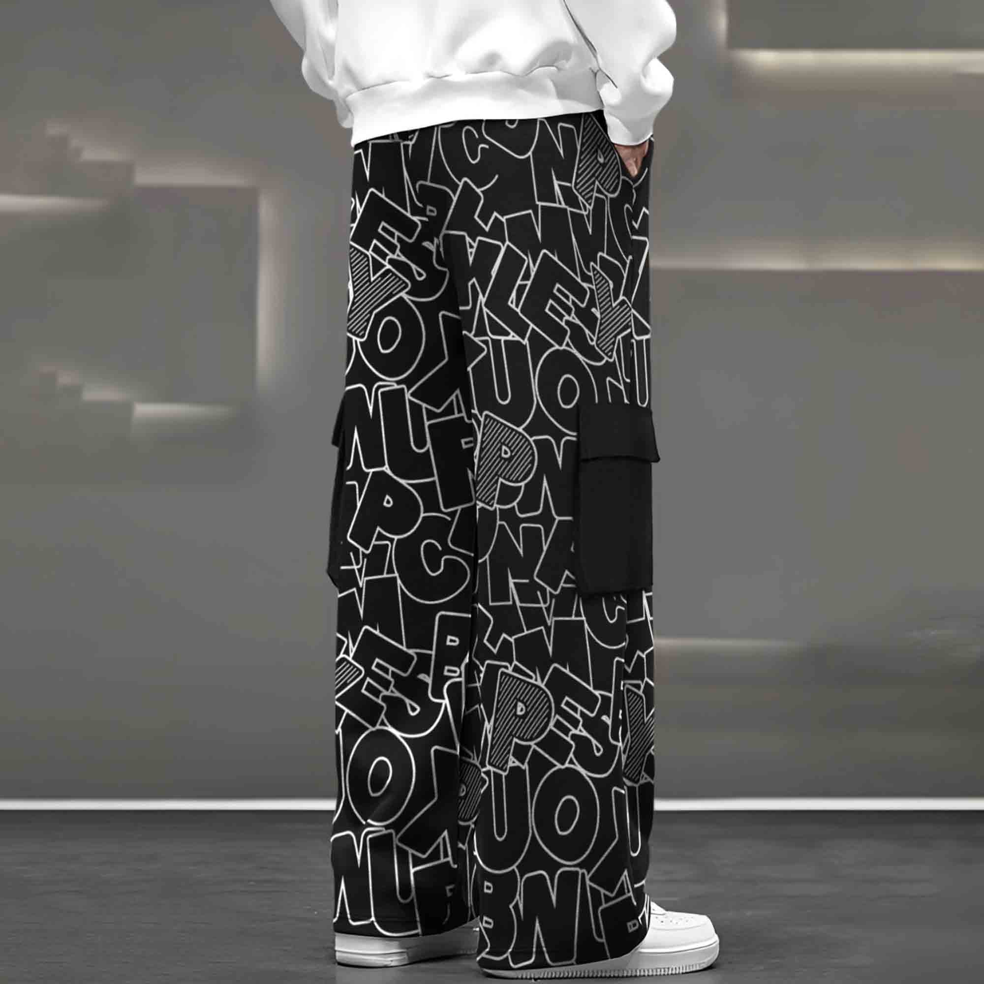 Mens Multi Pockets All Over Printed Baggy fit oversized Black Cargo Jogger