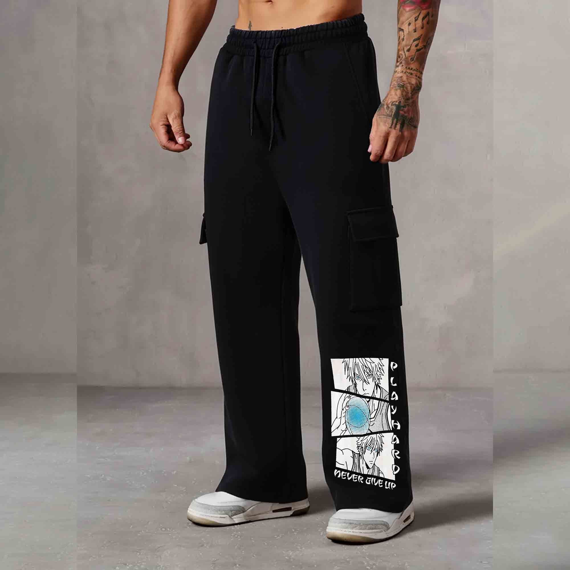 Men Multi Pockets Anime Printed Baggy Cargo Black