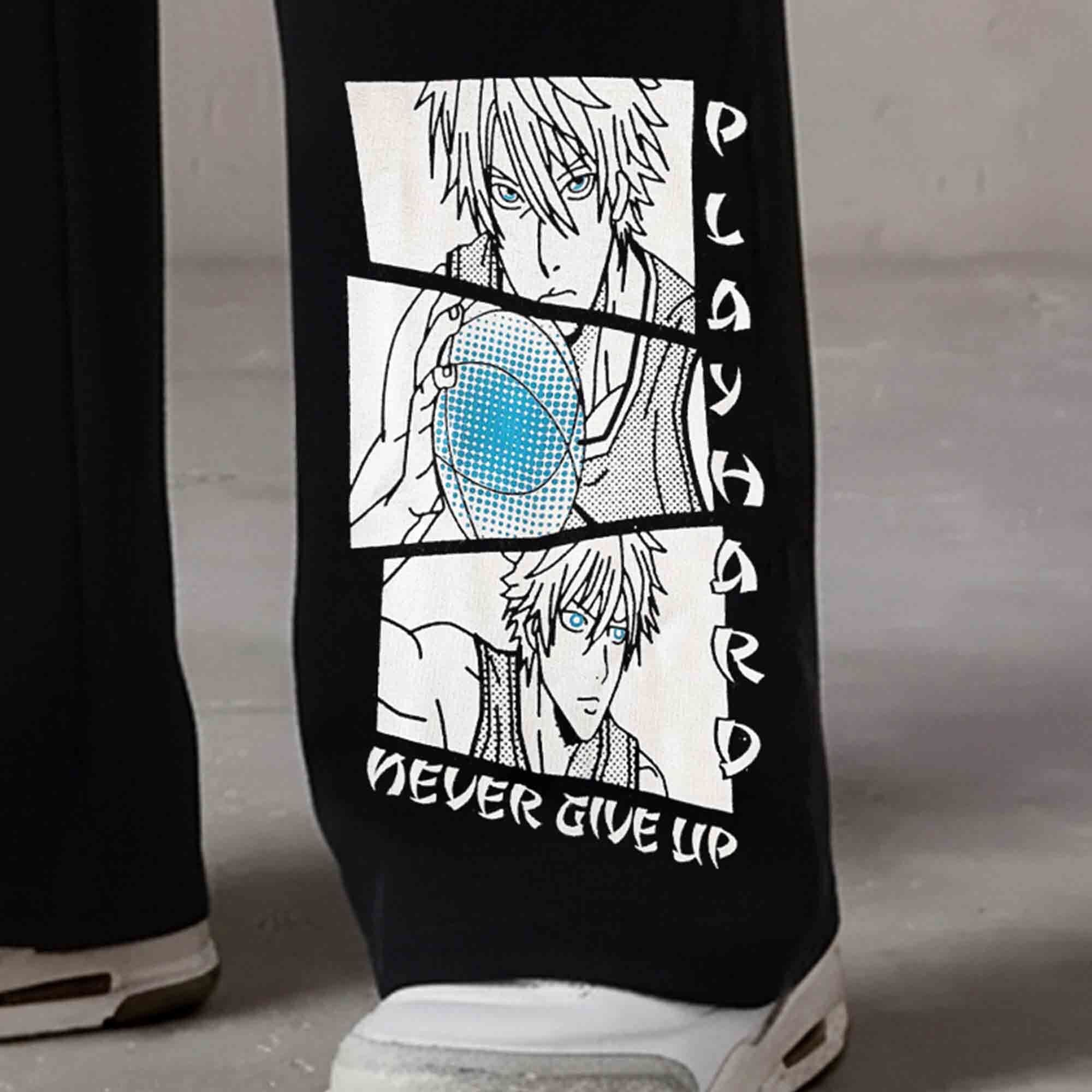 Men Multi Pockets Anime Printed Baggy Cargo Black