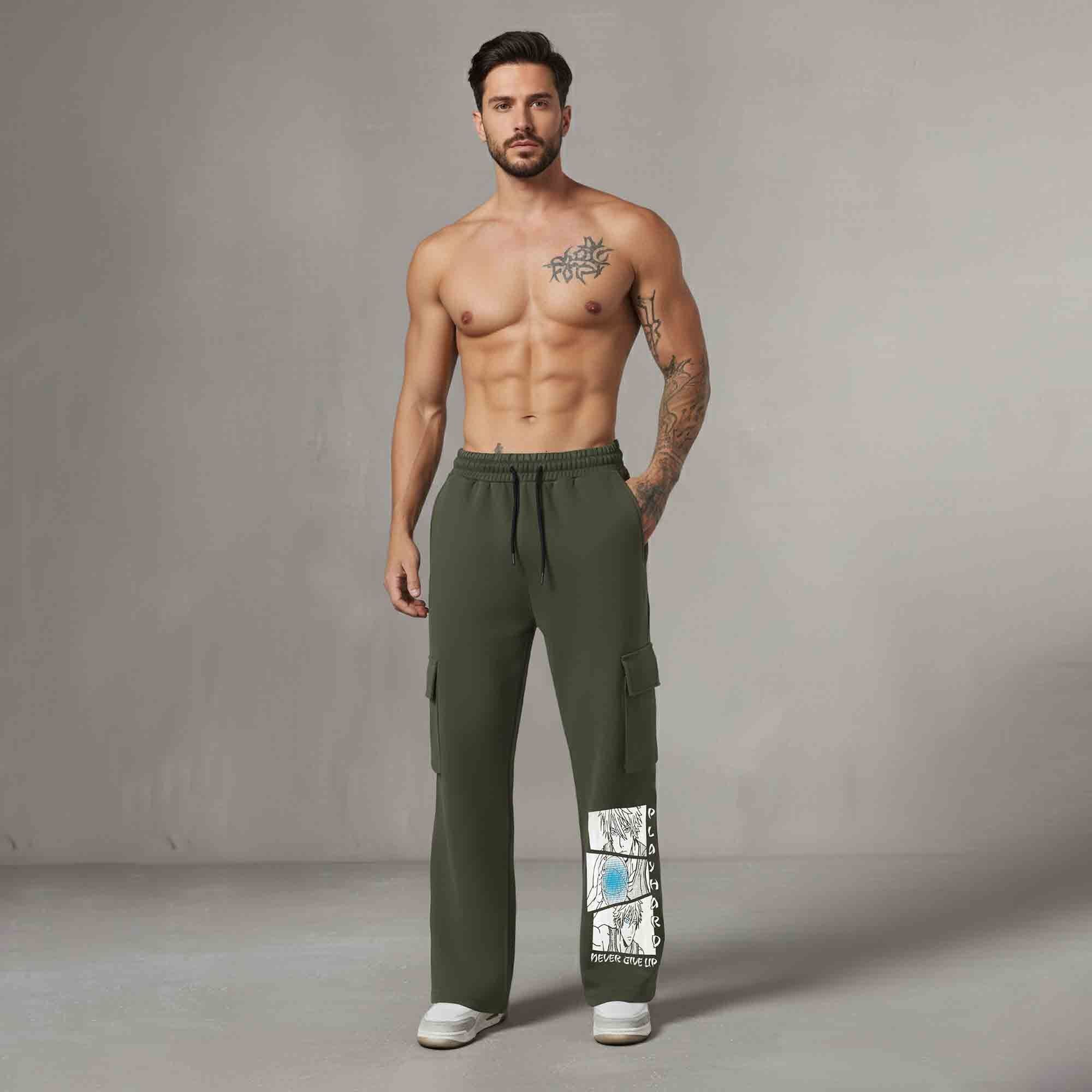 Men Multi Pockets Anime Printed Baggy Cargo Olivegreen