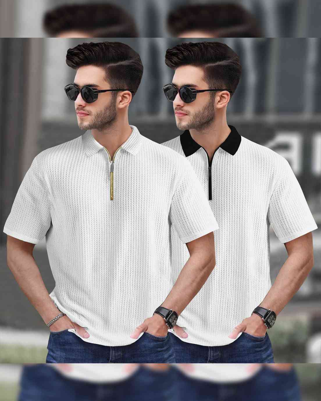 (Pack Of 2) Polo Collar Contrast Waffle Textured T-shirts White & Black