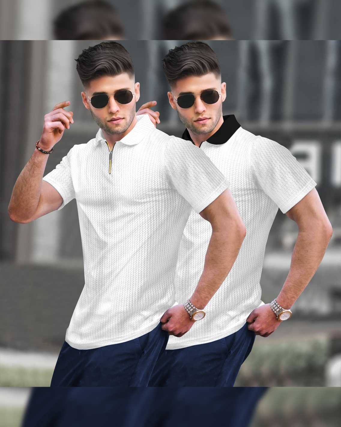 (Pack Of 2) Polo Collar Contrast Waffle Textured T-shirts White & Black