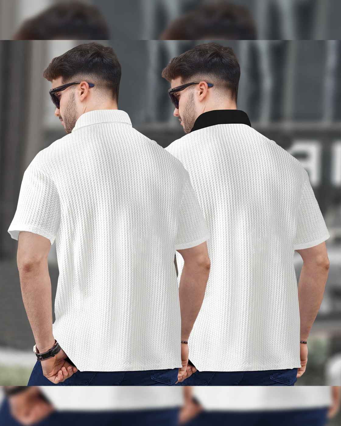 (Pack Of 2) Polo Collar Contrast Waffle Textured T-shirts White & Black