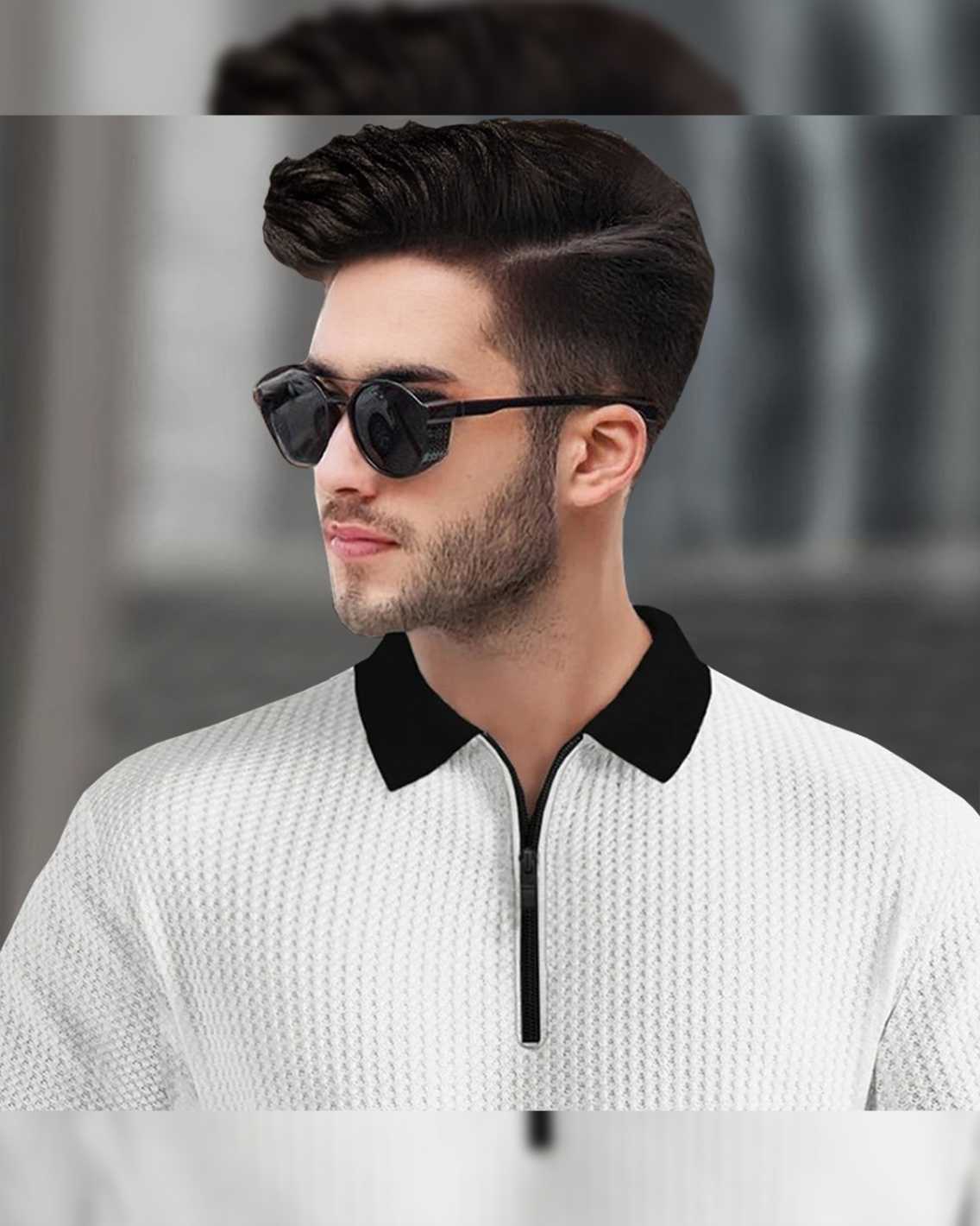 (Pack Of 2) Polo Collar Contrast Waffle Textured T-shirts White & Black