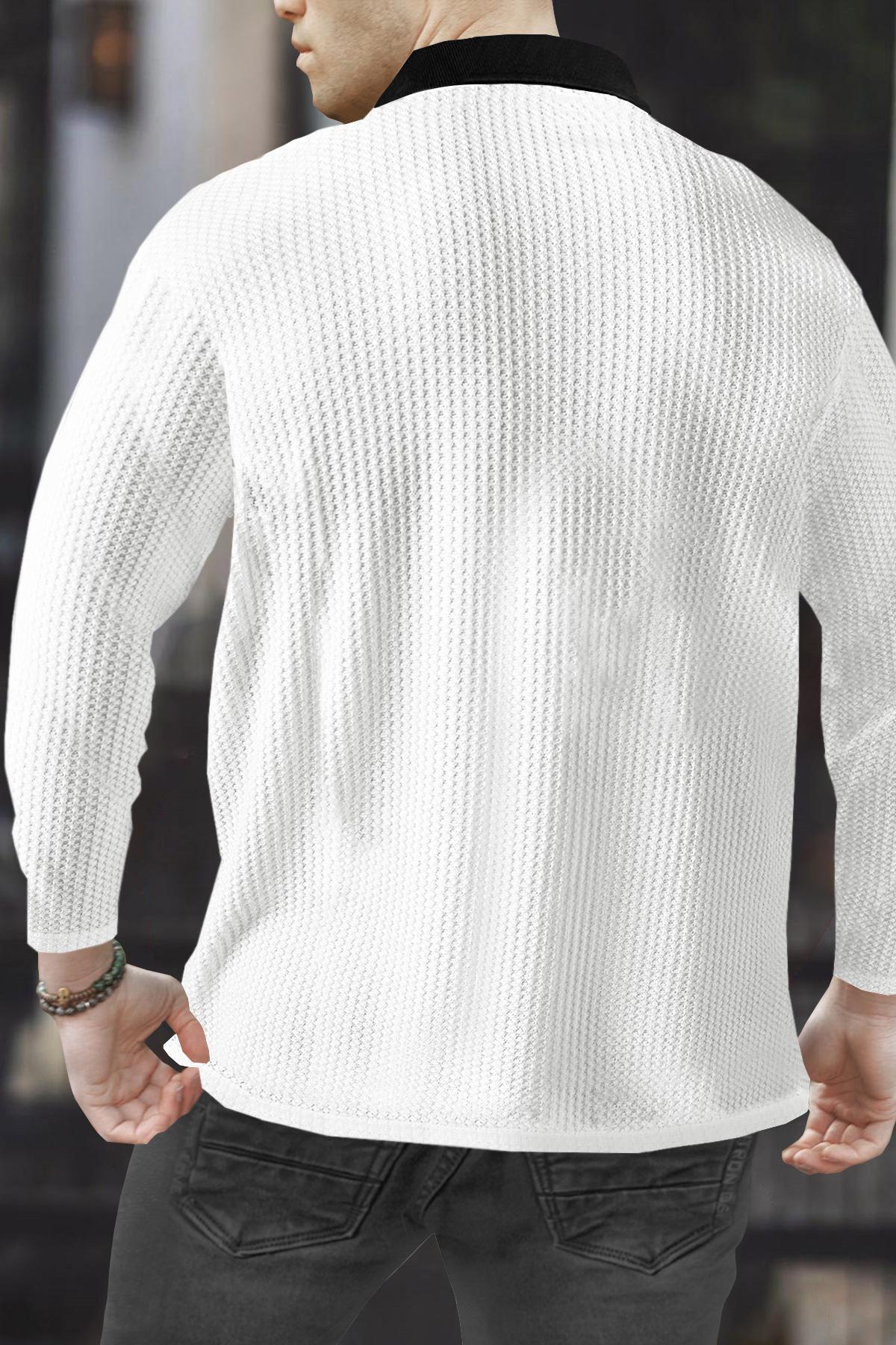 Men’s Waffle Textured White Full Sleeve Polo T-Shirt with Quarter Zip Neck - Contrast Collar