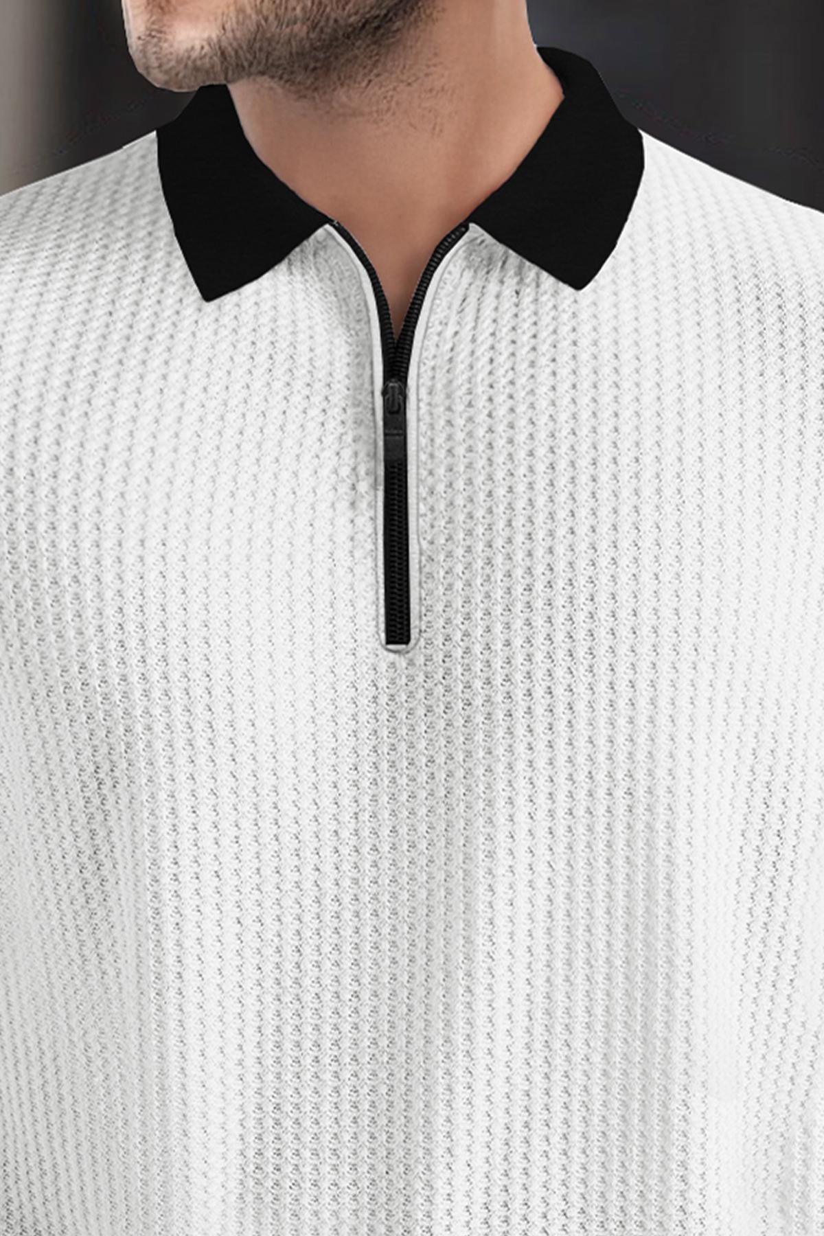 Men’s Waffle Textured White Full Sleeve Polo T-Shirt with Quarter Zip Neck - Contrast Collar