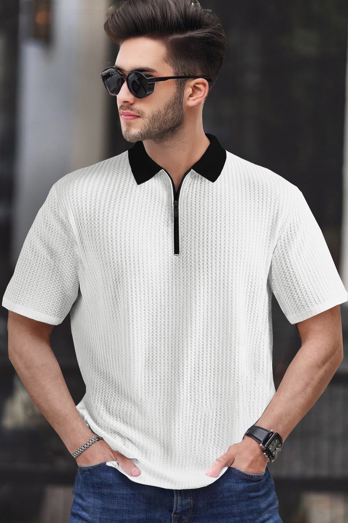 Polo Half Sleeve Contrast Colors Waffle Textured Tshirts 6 Variants