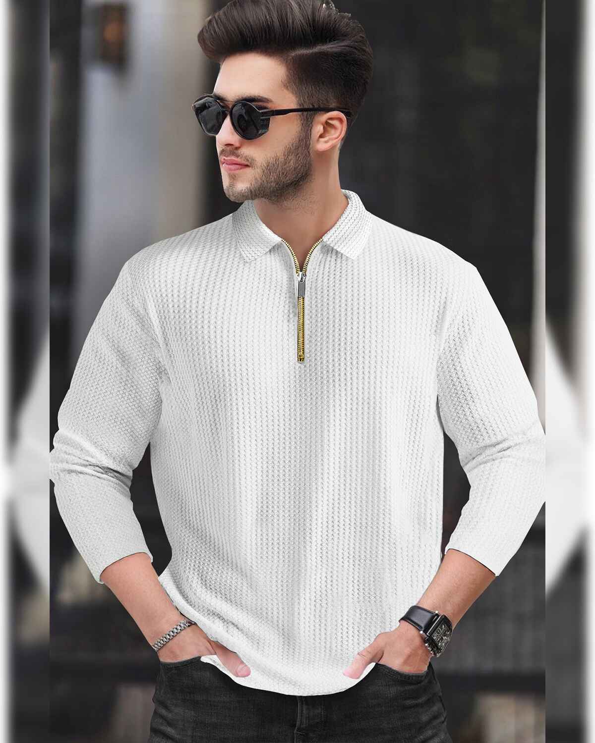Men’s Waffle Textured White Full Sleeve Polo T-Shirt with Quarter Zip Neck