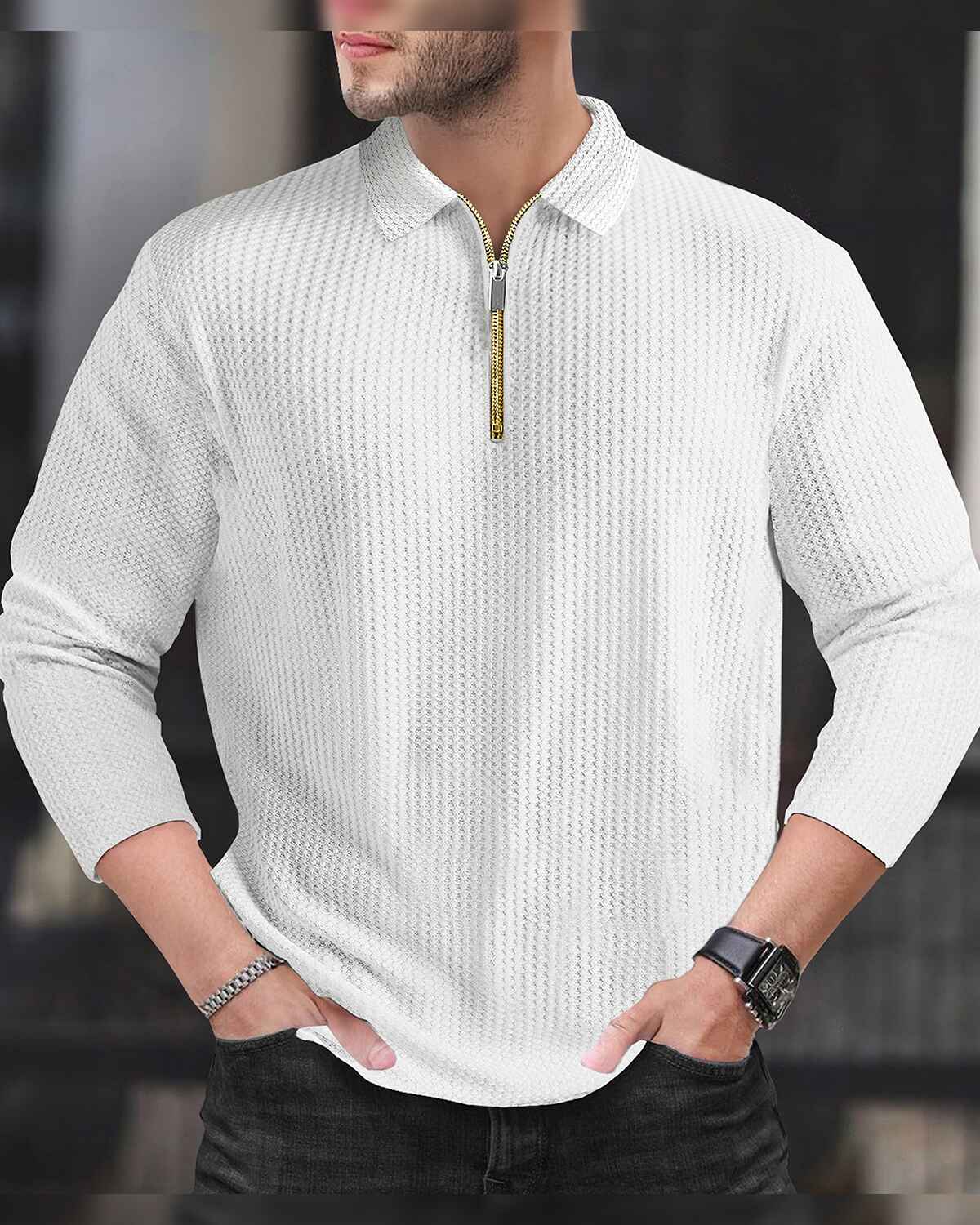 Polo Collar Plain Waffle Textured Full Sleeve Tshirts - 5 Colors