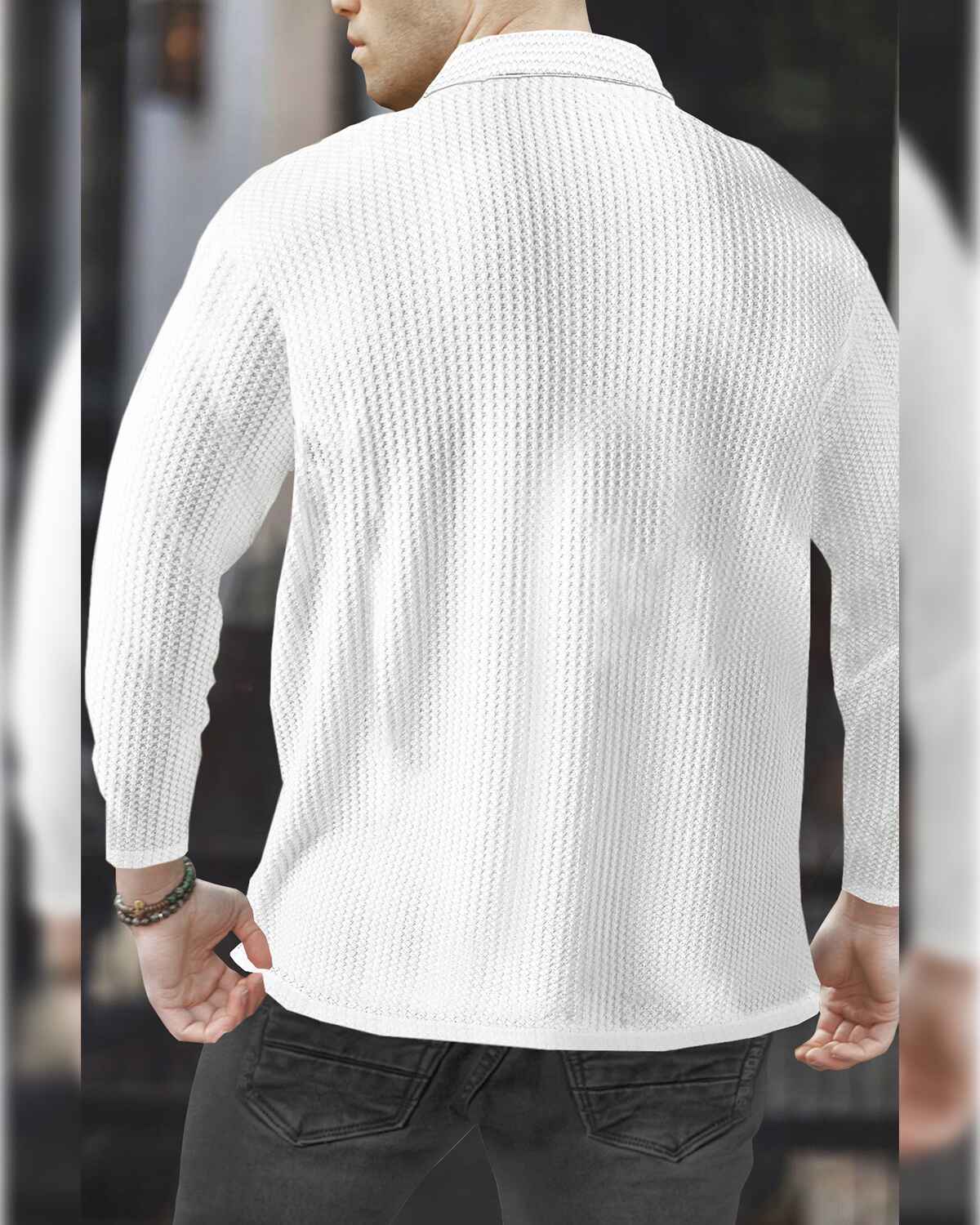 Polo Collar Plain Waffle Textured Full Sleeve Tshirts - 5 Colors