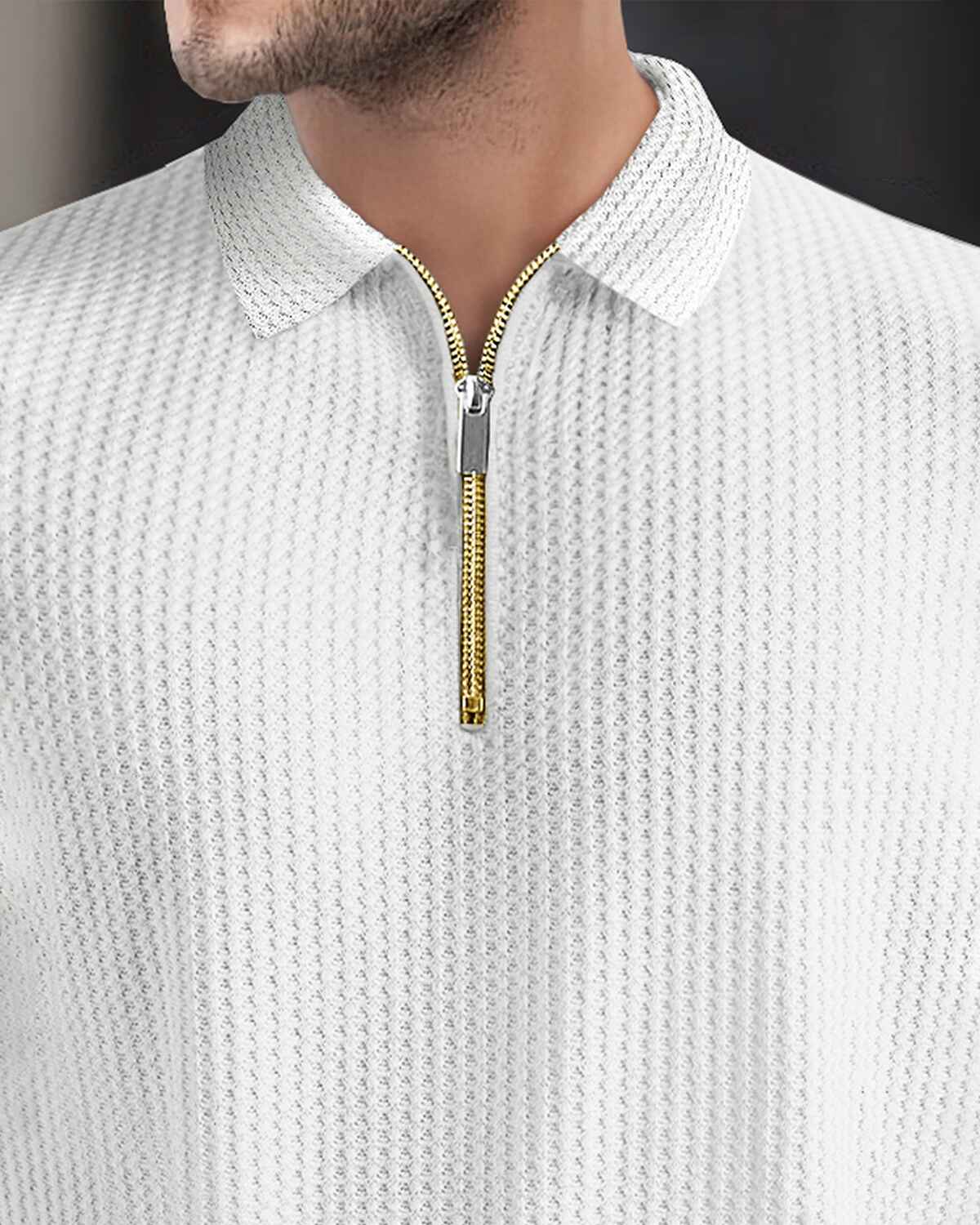 Men’s Waffle Textured White Full Sleeve Polo T-Shirt with Quarter Zip Neck