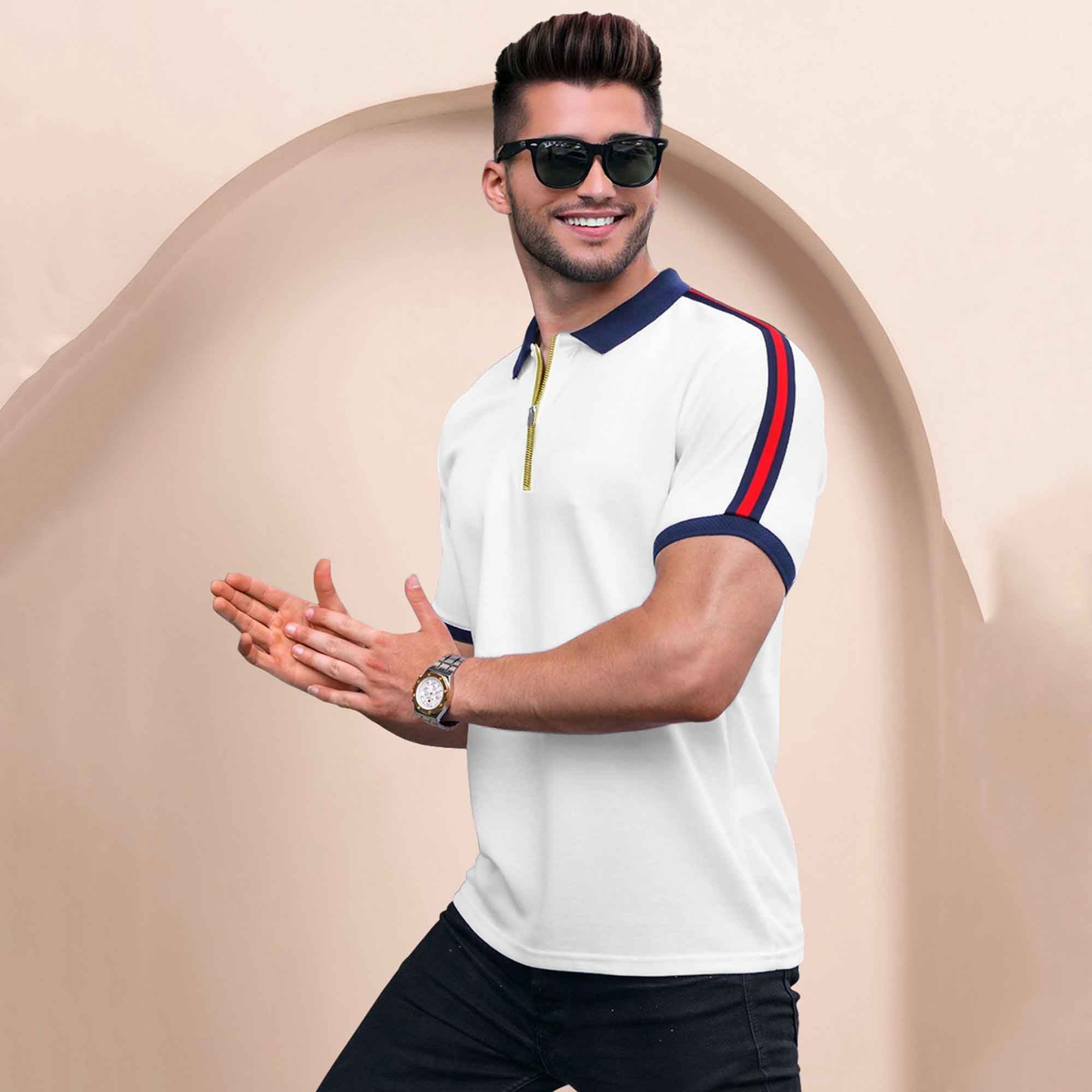 Half Sleeve Polo Zip Type White Contrast Collar T-shirt