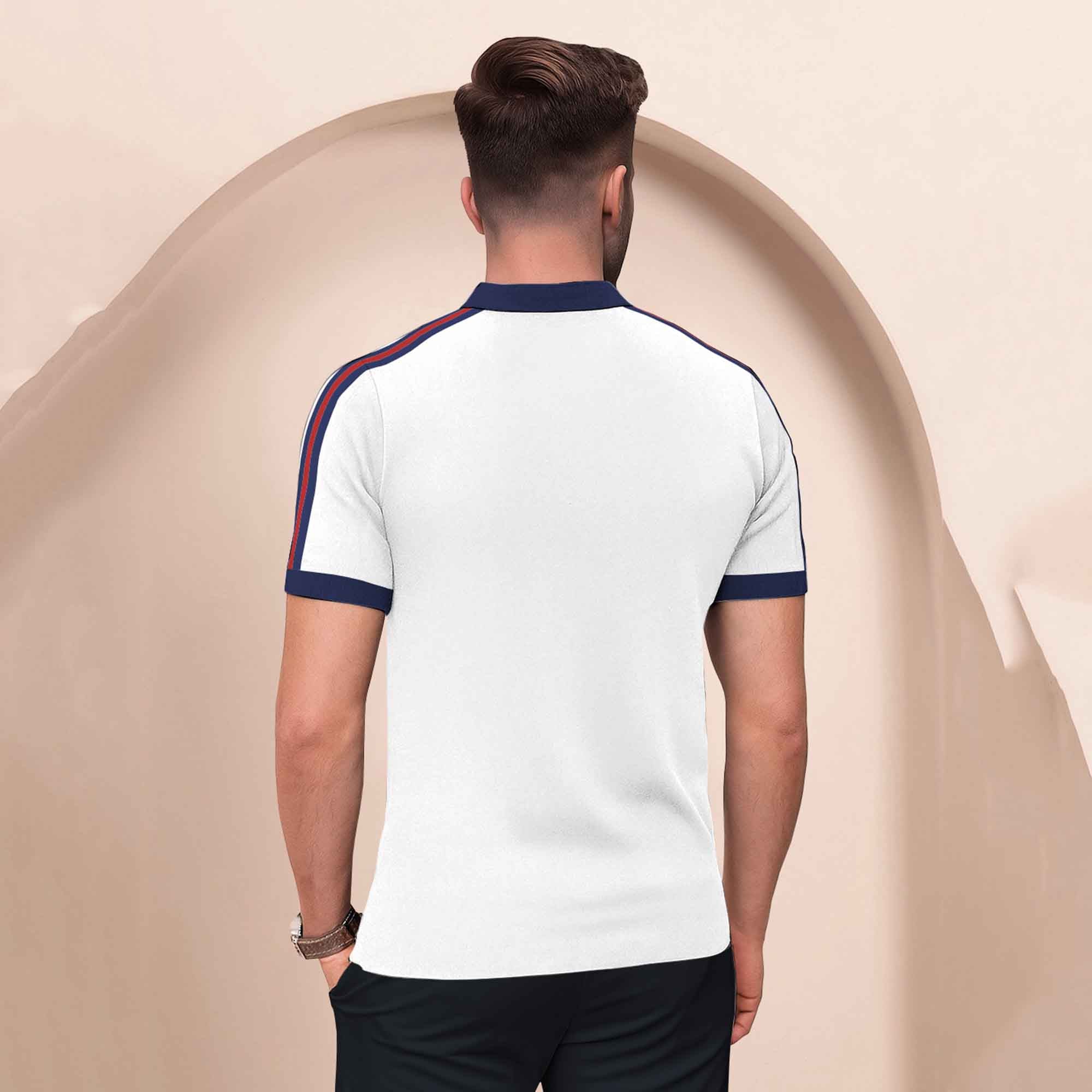 Half Sleeve Polo Zip Type White Contrast Collar T-shirt
