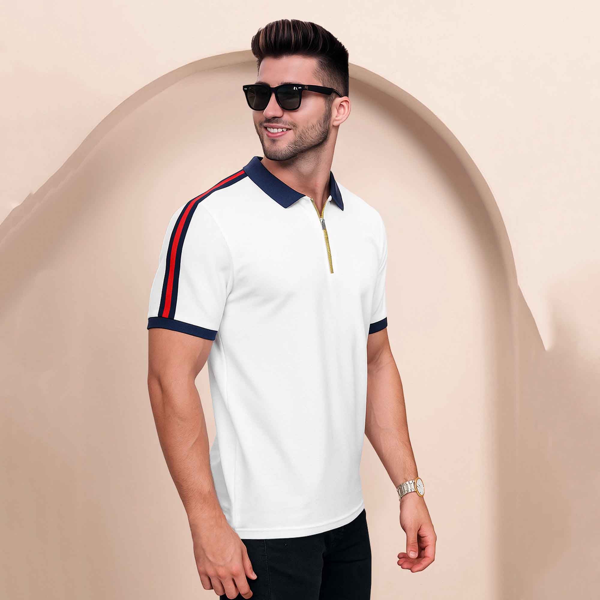 Half Sleeve Polo Zip Type White Contrast Collar T-shirt