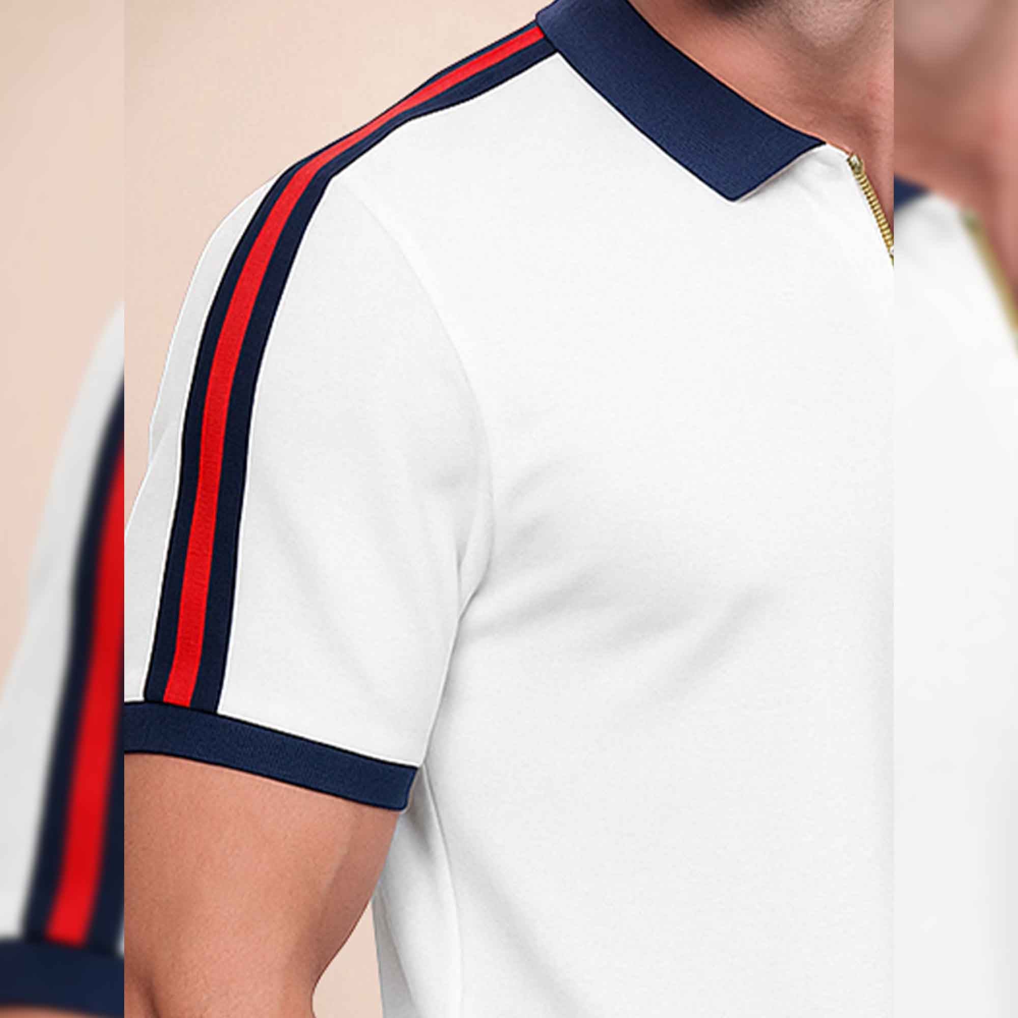 Half Sleeve Polo Zip Type White Contrast Collar T-shirt