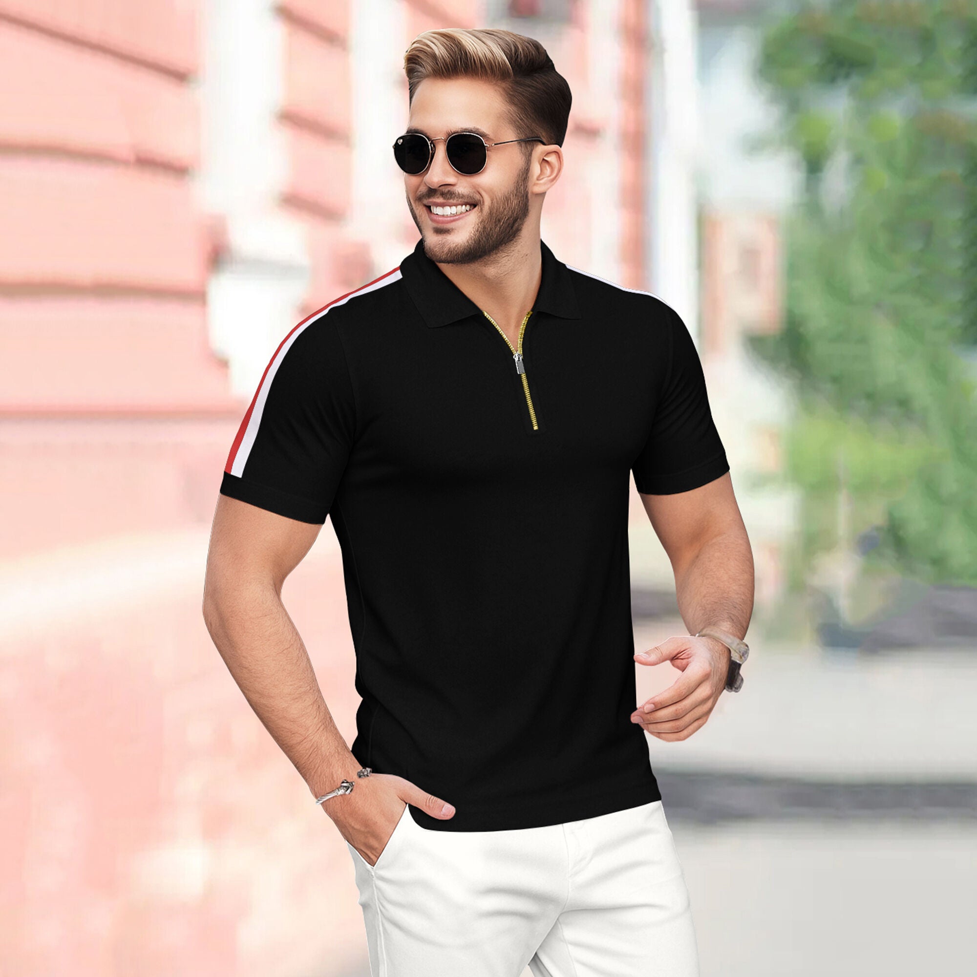 Half Sleeve Polo Quarter Zip Type Black T-shirt