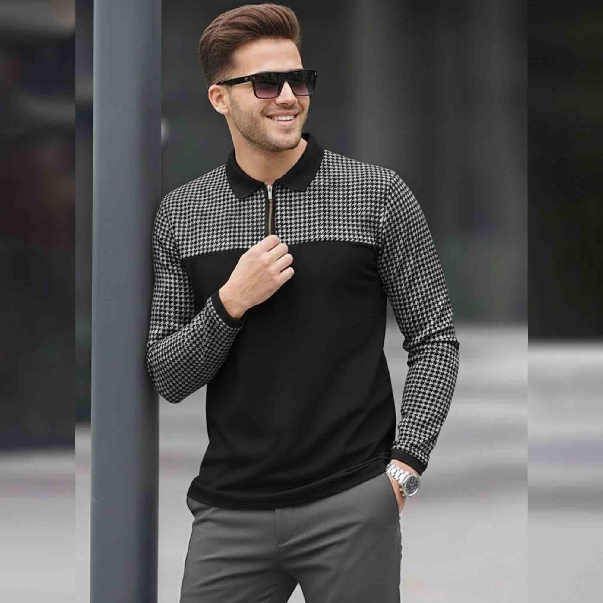 Men Quarter Zip Polo Neck Dual Color Printed T-SHIRT Black & Grey