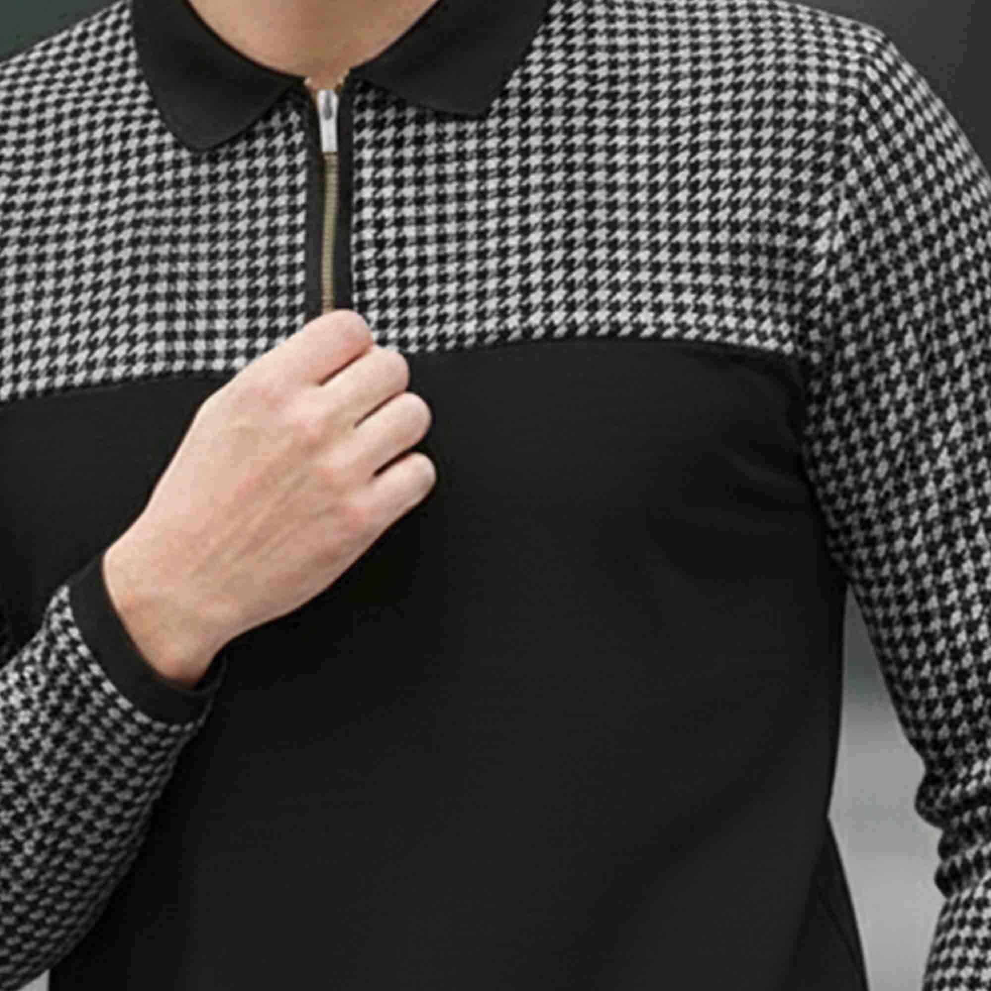 Men Quarter Zip Polo Neck Dual Color Printed T-SHIRT Black & Grey